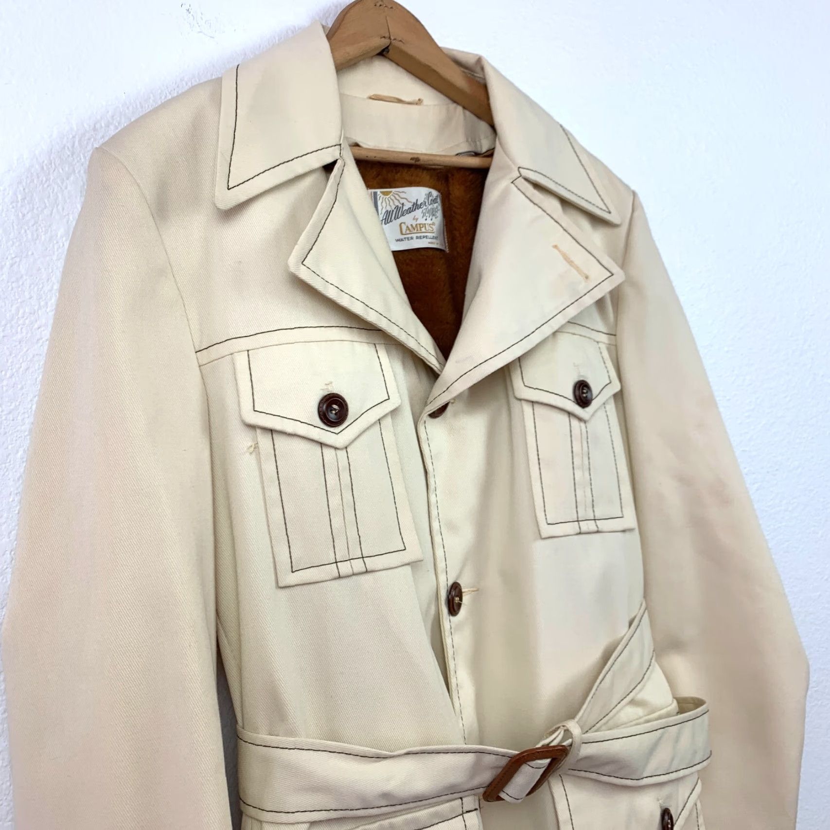 Vintage VINTAGE Campus Trench Coat Adult M Men's 38 Ivory Canvas Lined 70s All Weather Long Coat Size US XXS / EU 40 - 2 Thumbnail