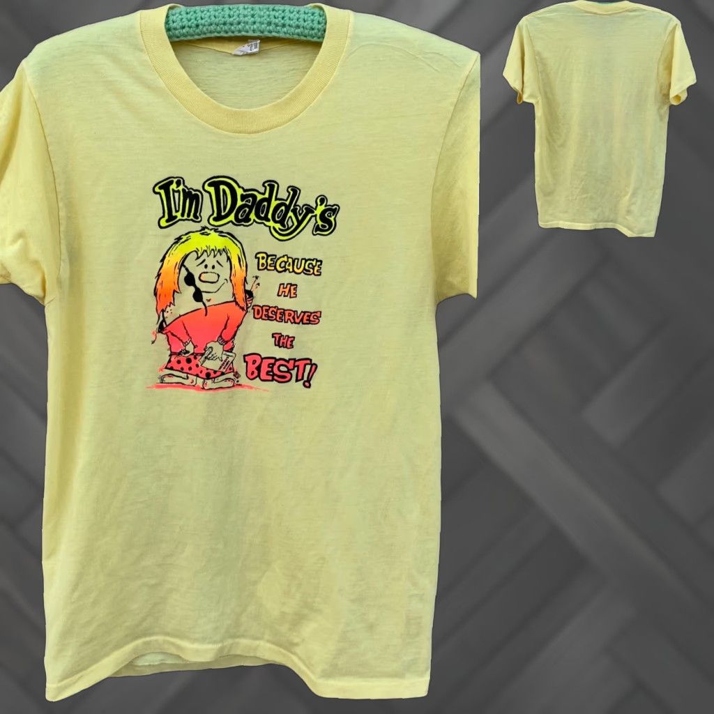 Fruit Of The Loom VINTAGE Im Daddys Because He Deserves The Best iron on graphics t shirt 1970s L Fruit of the Loom Yellow Neon graphic tee Mens Womens Boys Girls 1970s Size US L / EU 52-54 / 3 - 1 Thumbnail