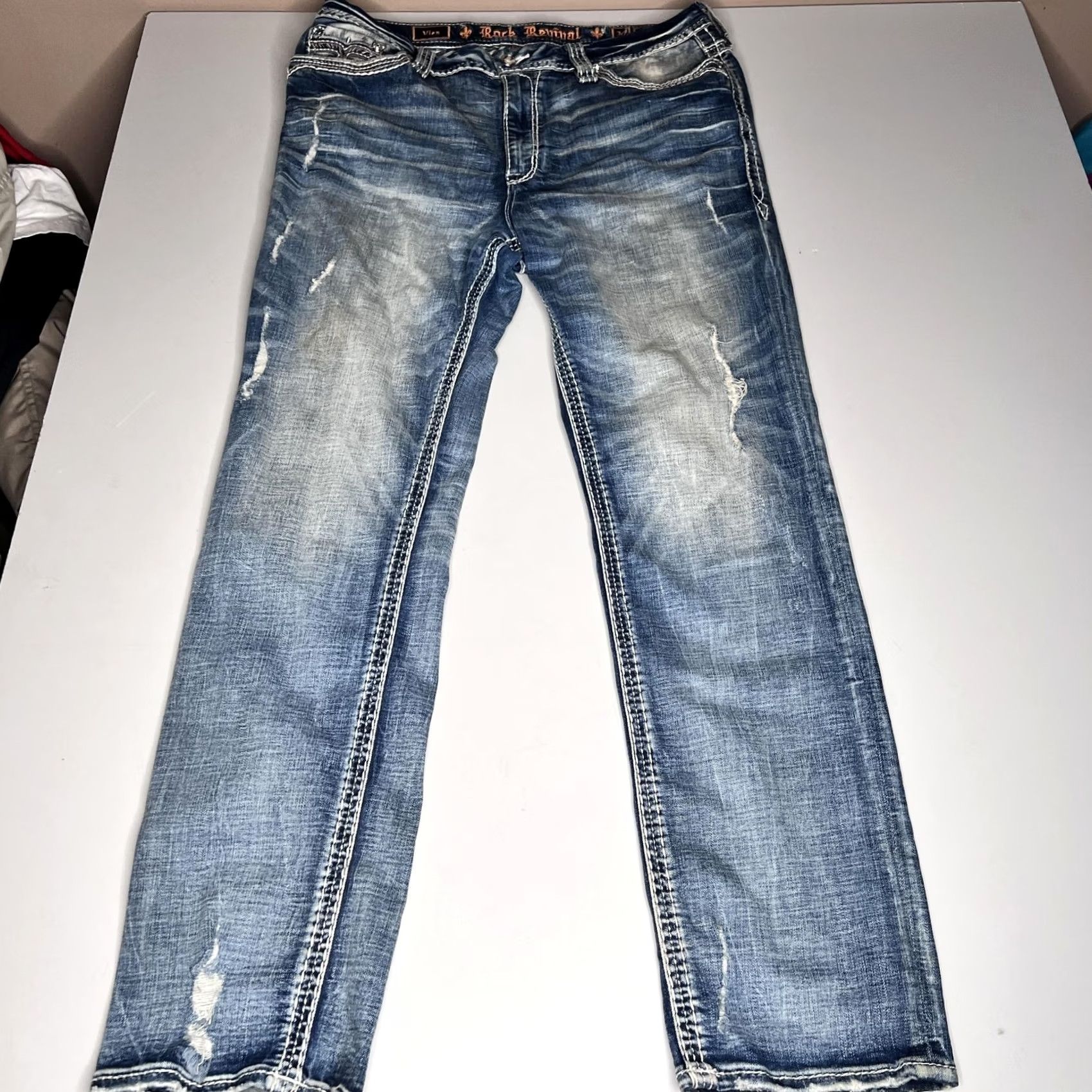 Vintage Rock Revival Jeans Mens 36x32 Blue Vien Easy Straight Rhinestone Pockets Denim Size US 34 / EU 50 - 7 Thumbnail