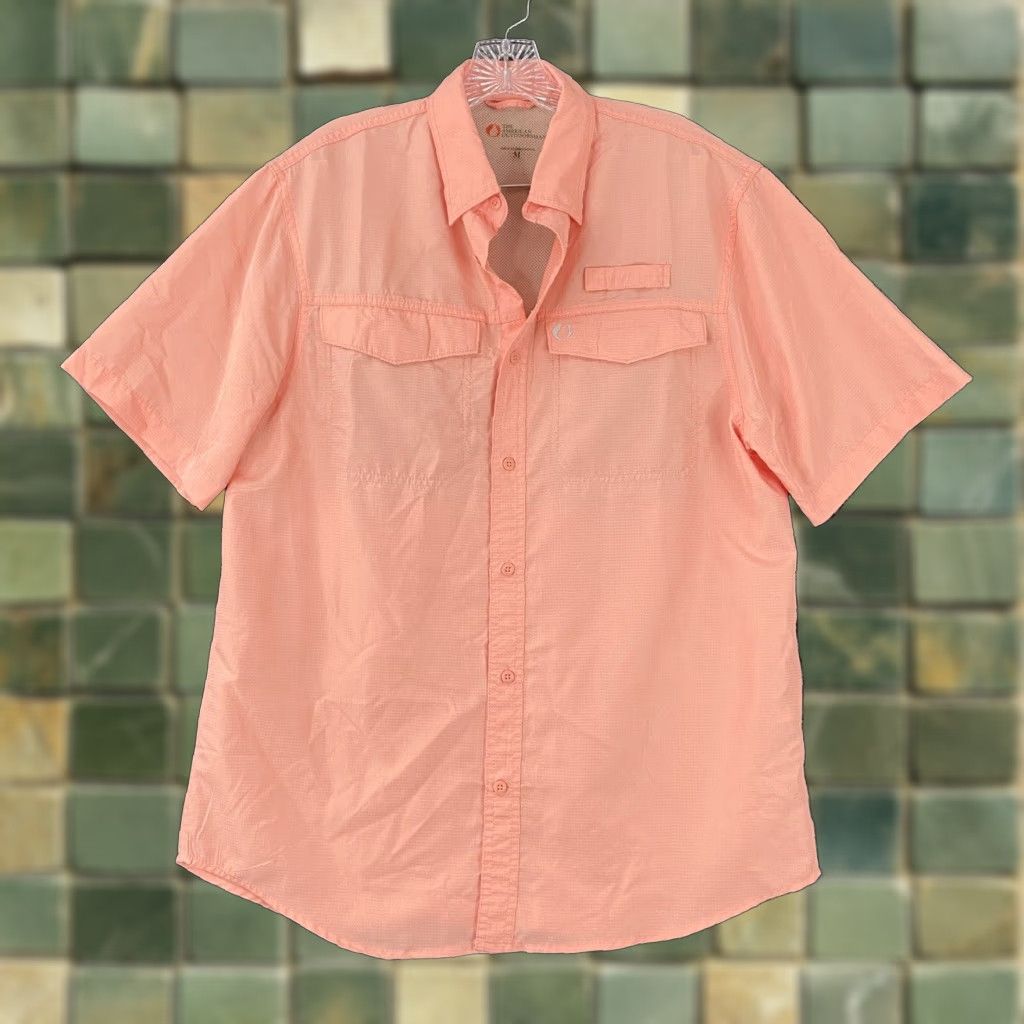 Pinko American Outdoorsman Mens Pink Salmon Button Up Short Sleeve Fishing Shirt M Size US 31 - 1 Thumbnail