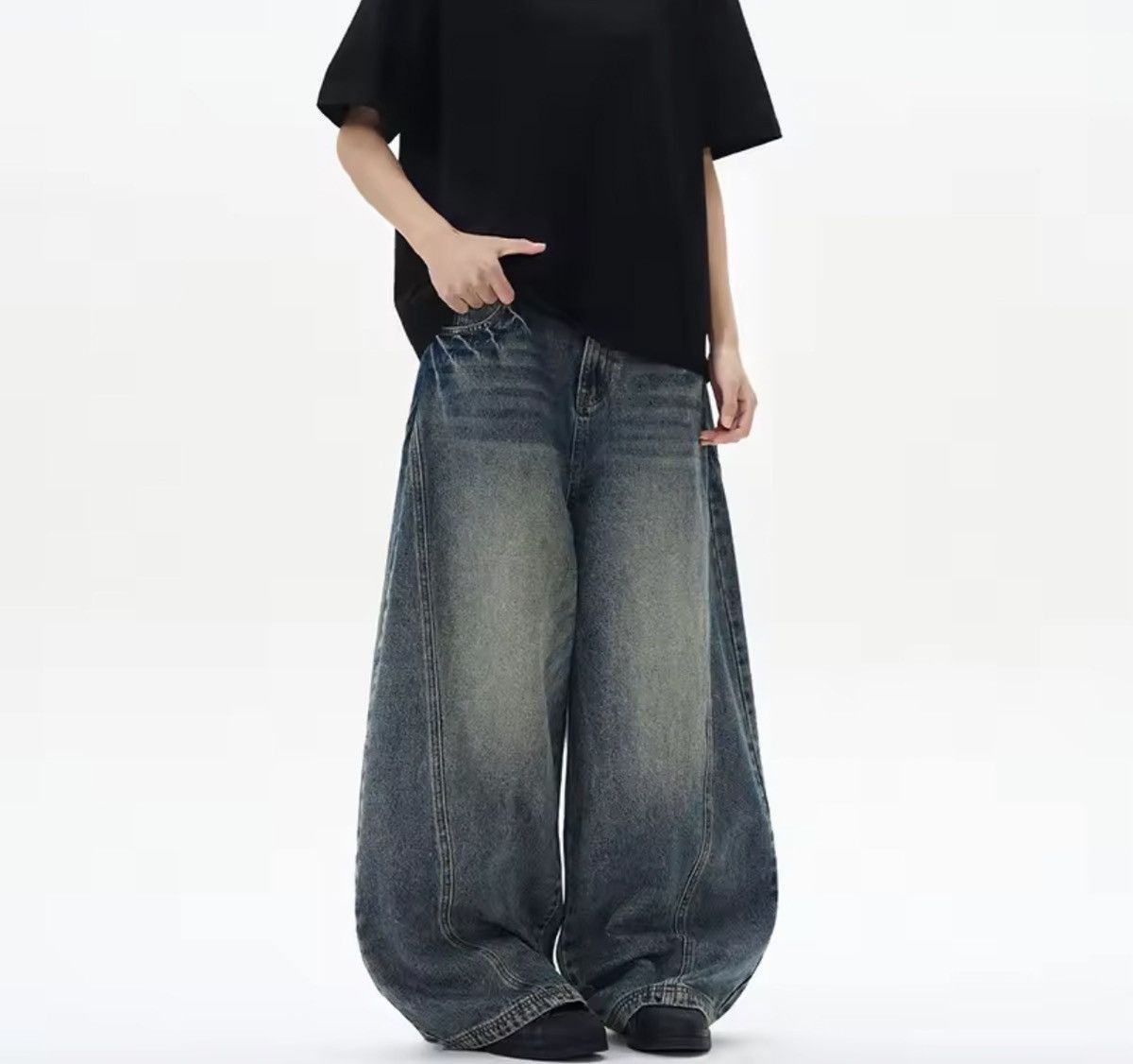 Japanese Brand Street Wash Distressed Men's Wide Leg Jeans Size US 29 - 8 Thumbnail