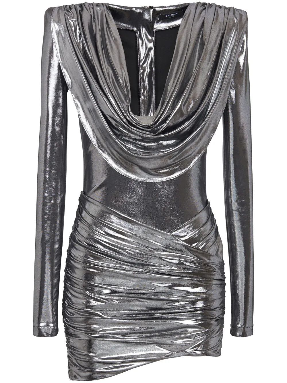 Balmain o1s1wg110725 Cowl Neck Lame Mini Dress in Silver Size M / US 6-8 / IT 42-44 - 1 Thumbnail