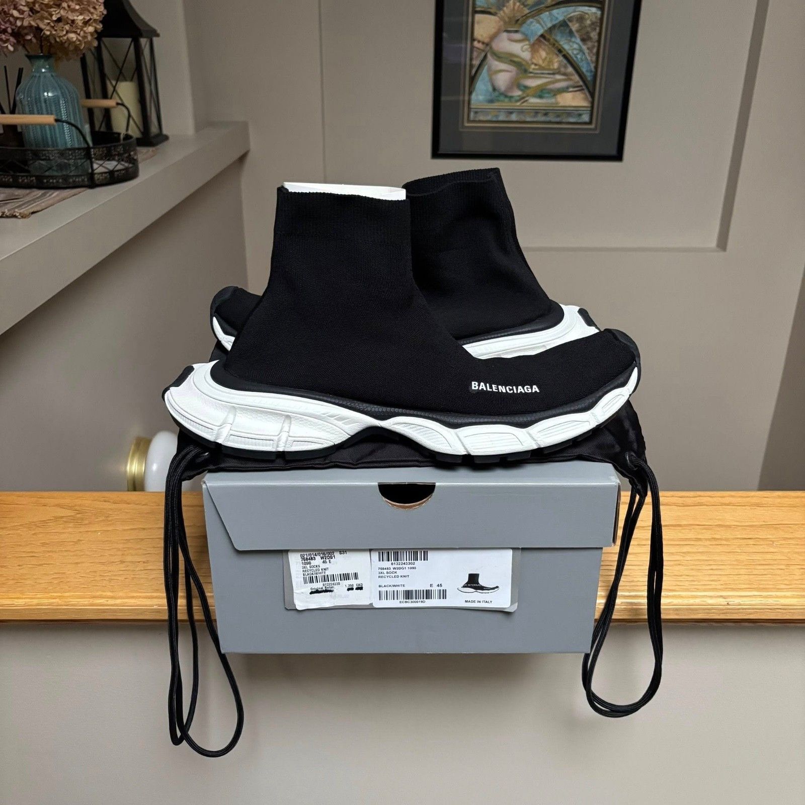 Balenciaga 3XL Black White Sock Knit Speed Runner - Sz: 13