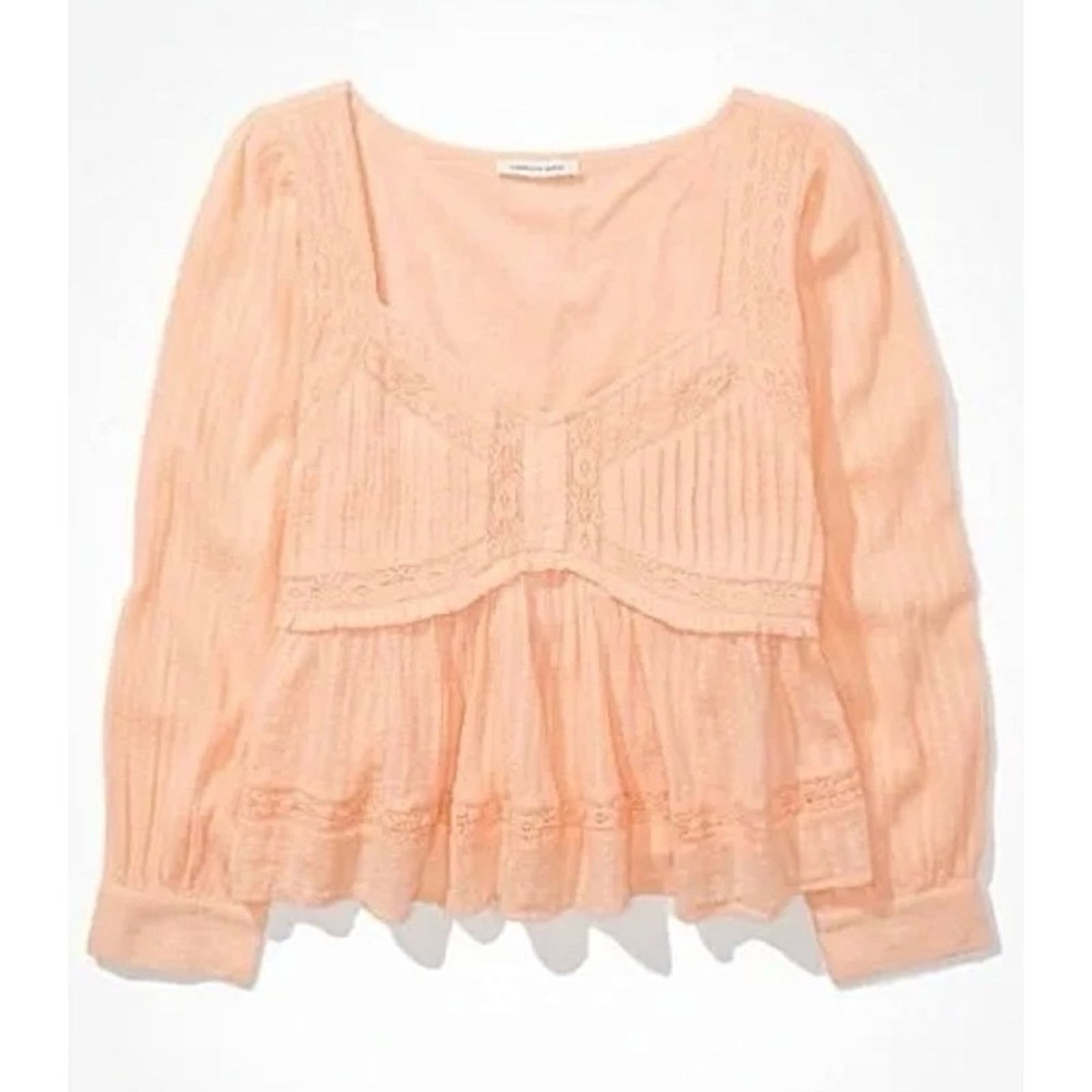 American Eagle Outfitters AMERICAN EAGLE • Peach Boho Long Sleeve Babydoll Blouse Size L / US 10 / IT 46 - 3 Thumbnail