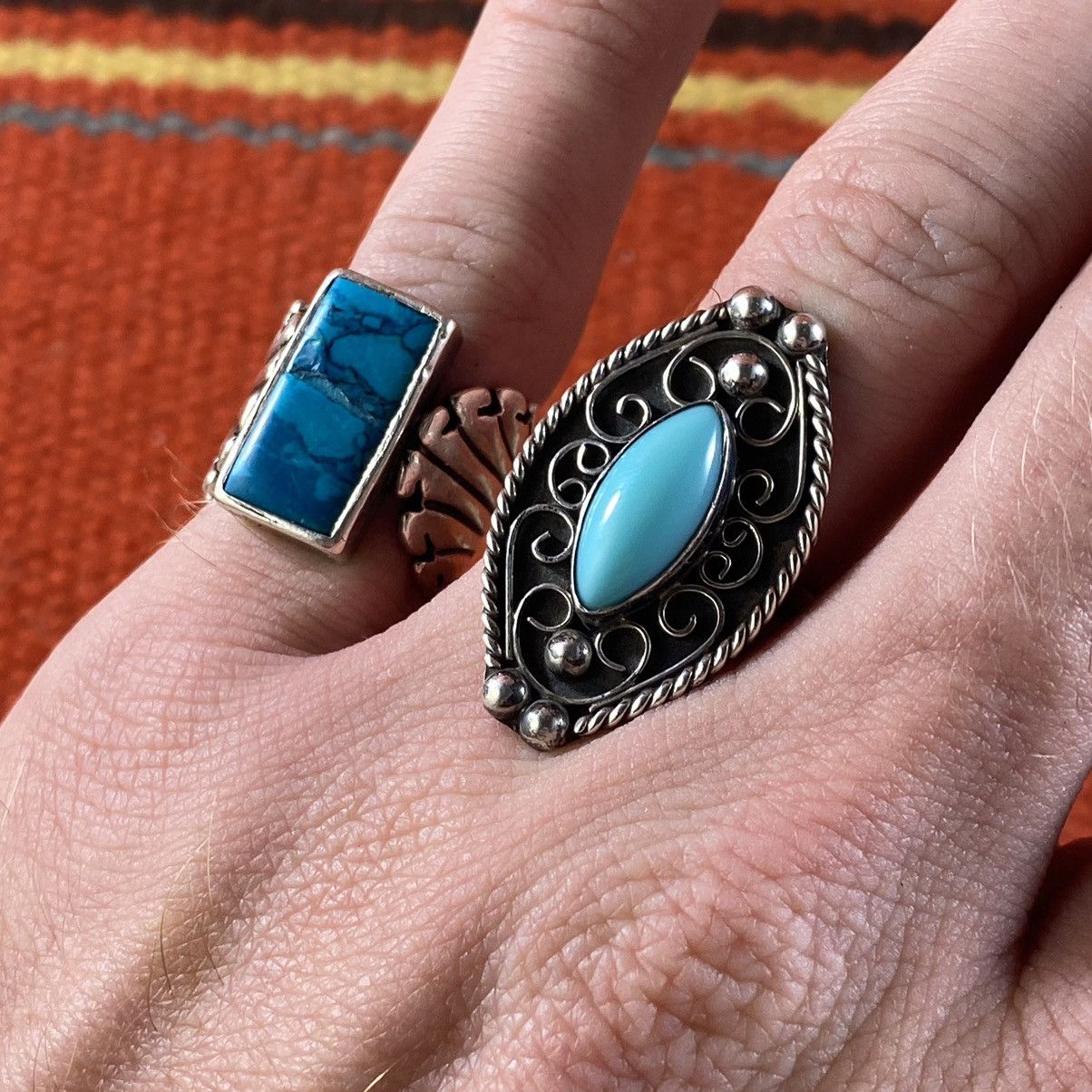 Japanese Brand Vtg 60s 70s Taxco Sterling Silver Turquoise Filigree Ring Size ONE SIZE - 12 Thumbnail