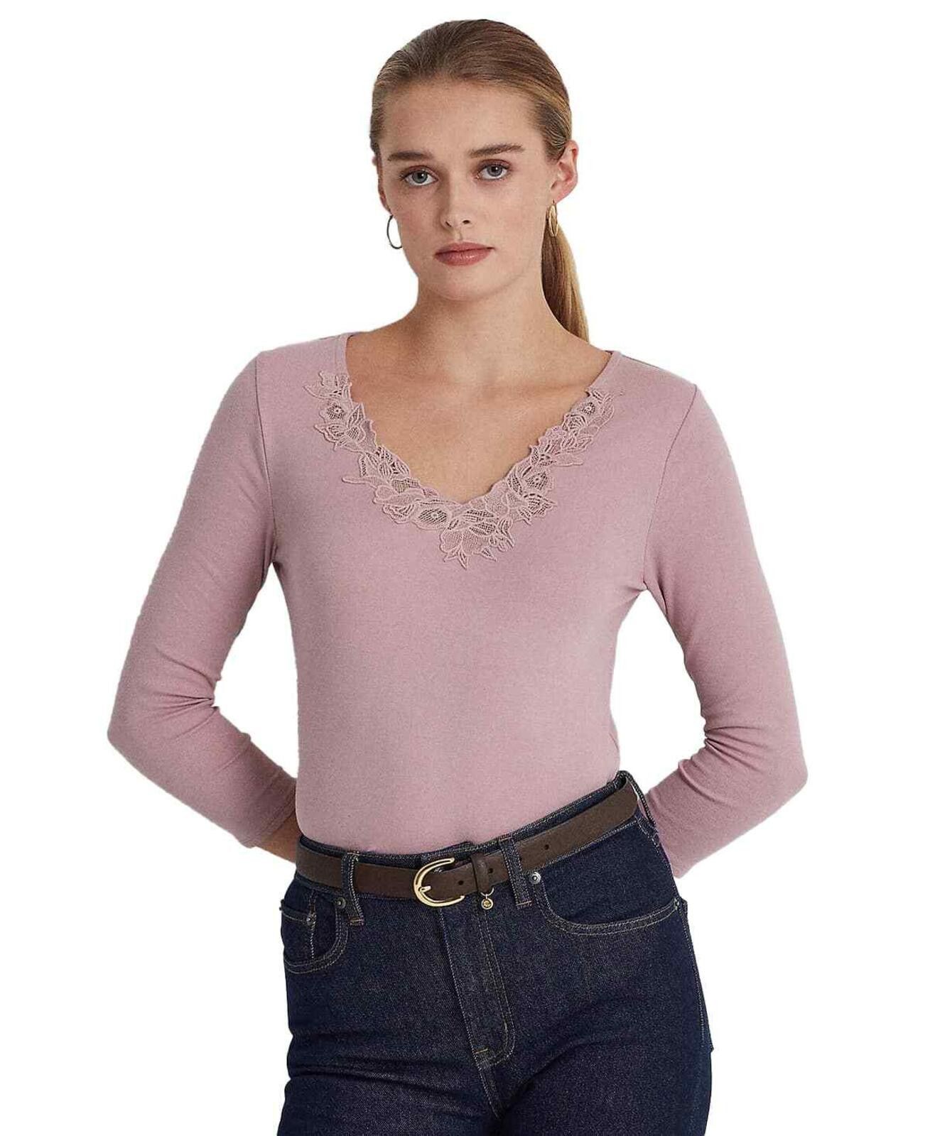Lauren Ralph Lauren Lauren Ralph Lauren Purple Lace-Trim Stretch Cotton Top L Size L / US 10 / IT 46 - 1 Thumbnail