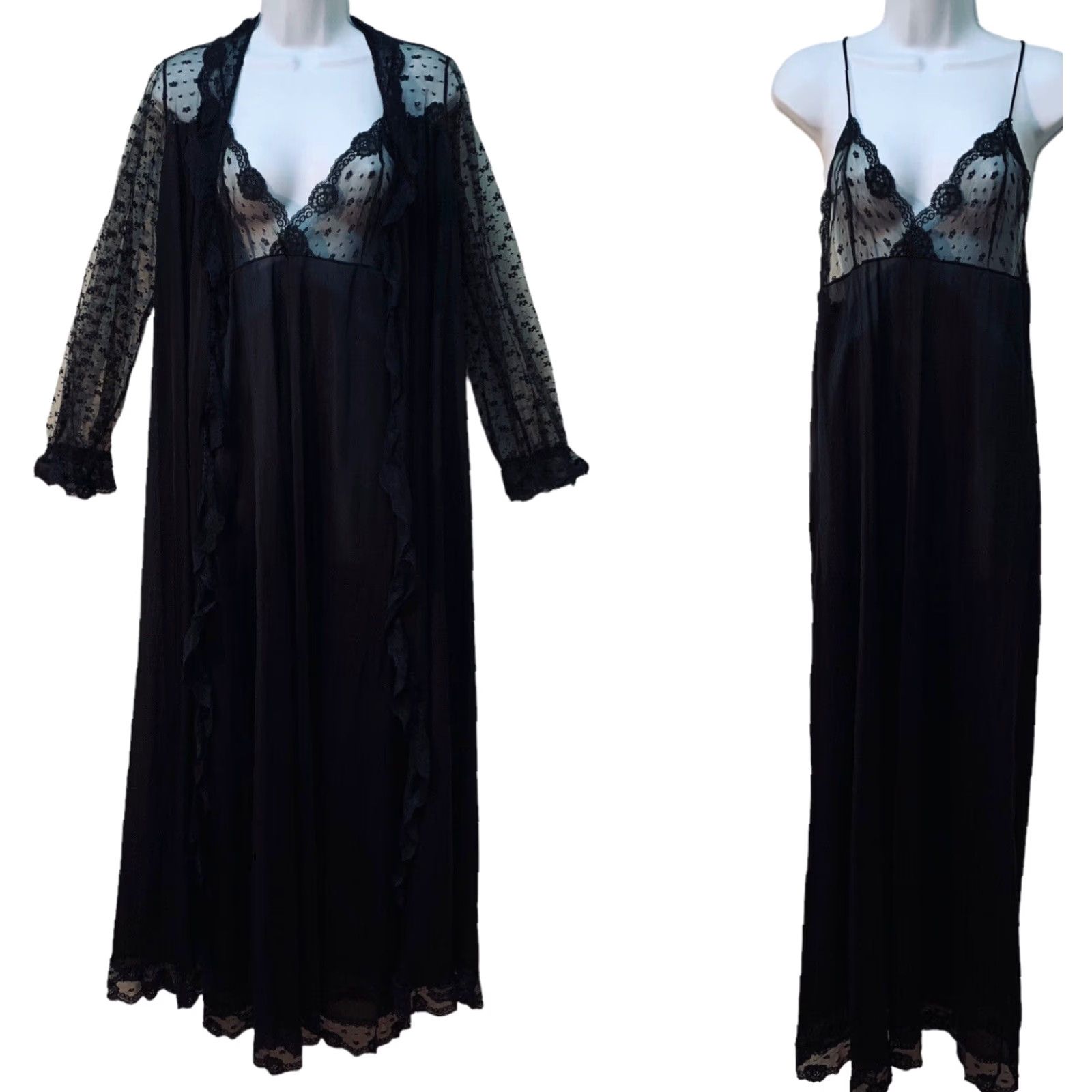 Vintage VINTAGE Black Nylon Sheer Lace Peignoir Robe Nightgown Negligee Long Gown Set M Size ONE SIZE - 2 Thumbnail