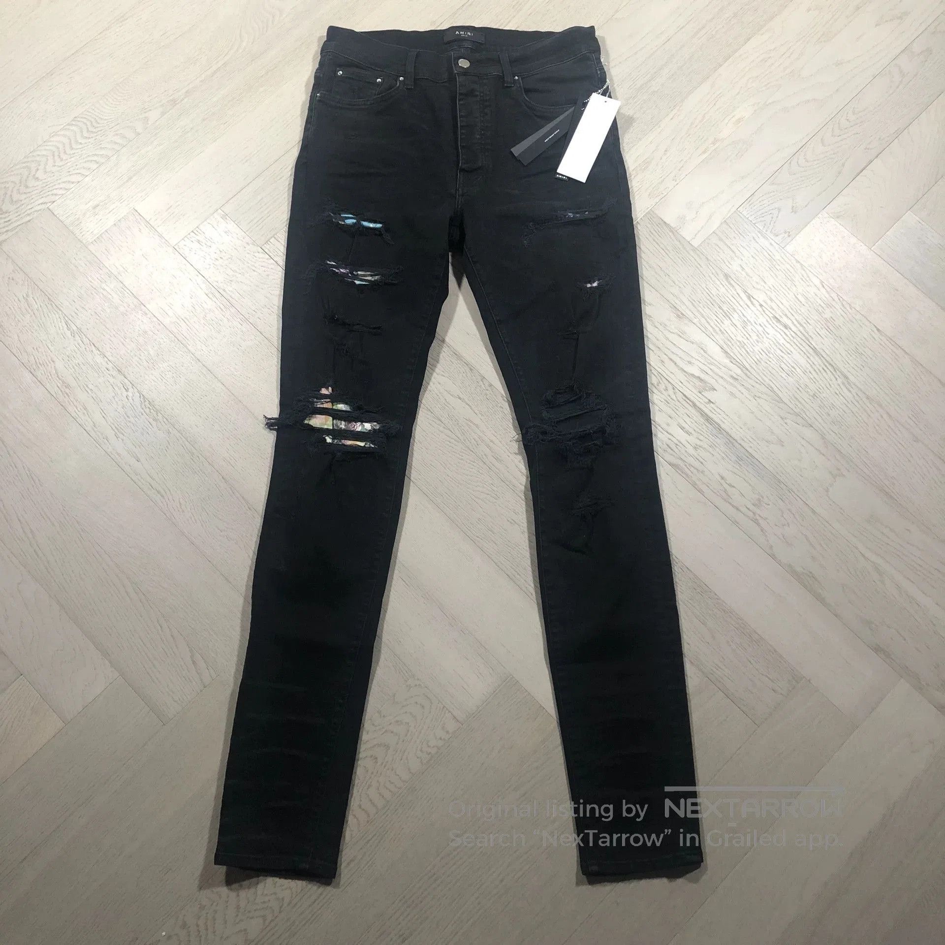 Visvim AMIRI Black Distressed Jeans with Floral Lining. Size US 34 / EU 50 - 1 Thumbnail