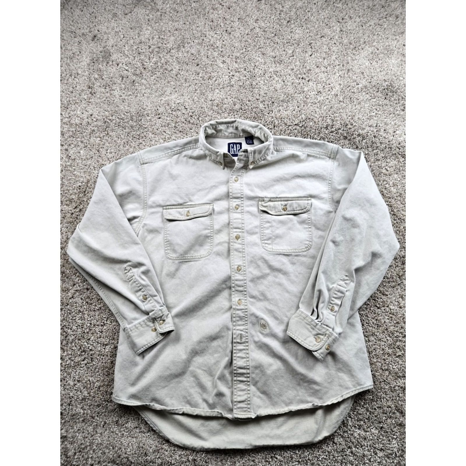 Gap VINTAGE Gap Shirt XL Beige Twill Long Sleeve Button Up Pocket Heavyweight 90s Mens Size US XL / EU 56 / 4 - 2 Thumbnail