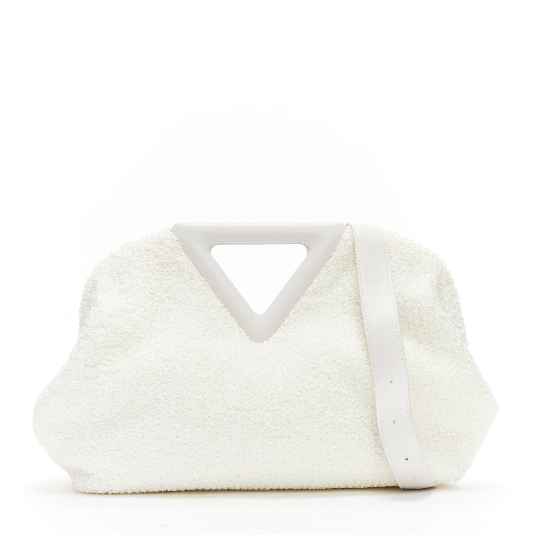 BOTTEGA VENETA Point Triangle white sponge boucle curly raffia leather shoulder bag