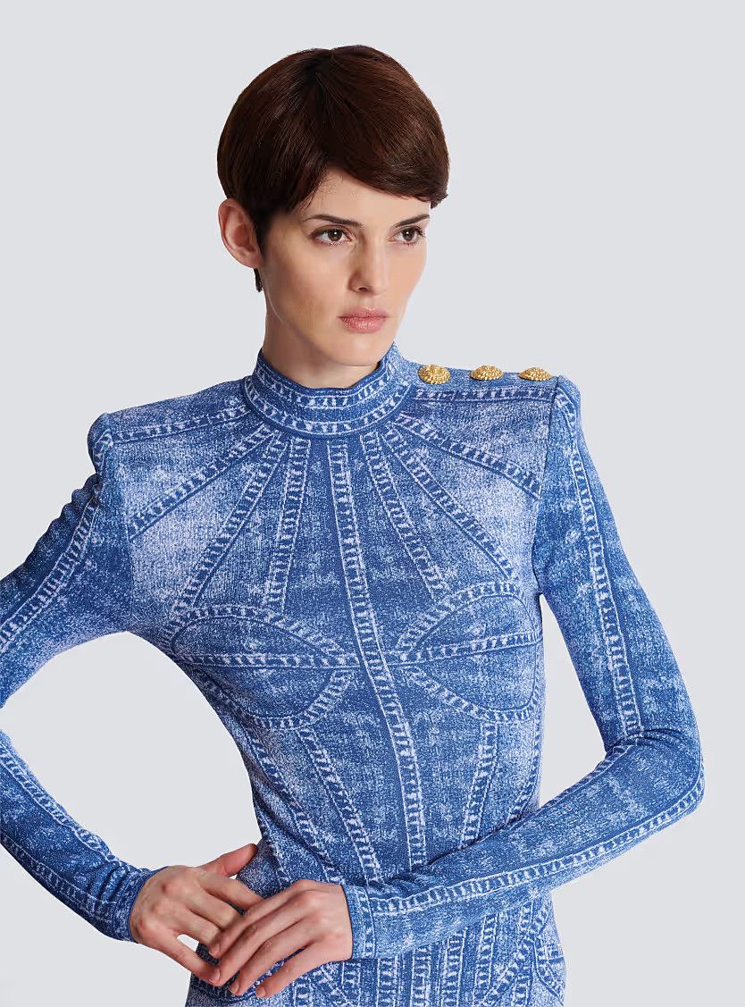 Balmain o1s1wg111225 Jacquard Knit Dress With Denim Effect in Blue Size L / US 10 / IT 46 - 6 Thumbnail
