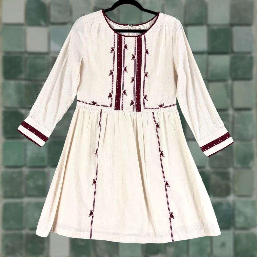 Vintage Current Air Mini Dress Womens M Ivory Burgundy Embroidered Boho Round Neck Long Sleeve A-Line Short Dress Size M / US 6-8 / IT 42-44 - 1 Thumbnail