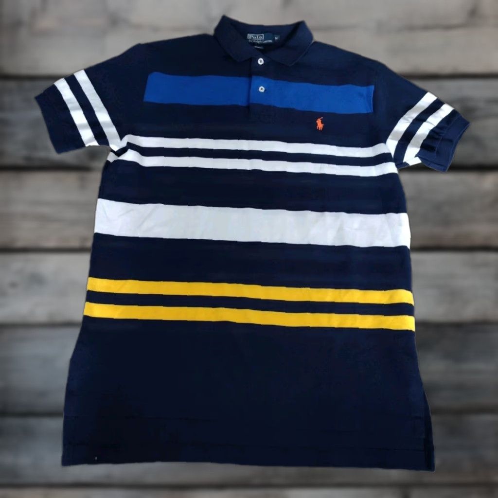 Polo Ralph Lauren VINTAGE Ralph Lauren Polo Shirt Men M Short Sleeve Striped 90s Cotton Blue Yellow White Red Pony Size US M / EU 48-50 / 2 - 1 Thumbnail