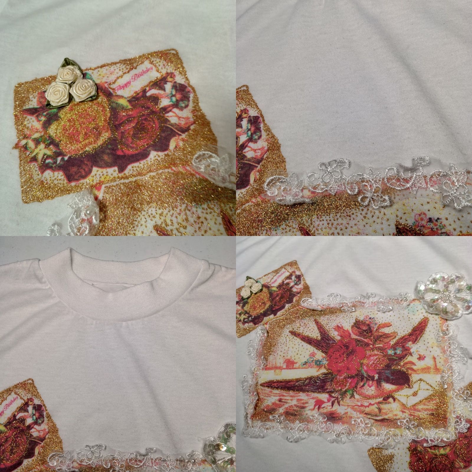 Vintage VINTAGE Precious Knits Shirt Small White Lace Gold Glitter Bird Roses Grannycore Mens Girls Womens Size S / US 4 / IT 40 - 9 Thumbnail