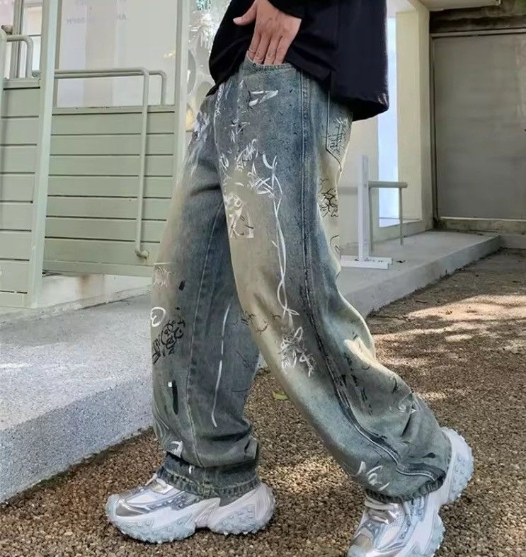 Jean Graffiti-Print Wide-Leg Denim Pants | Oversized Streetwear Size US 30 / EU 46 - 4 Thumbnail