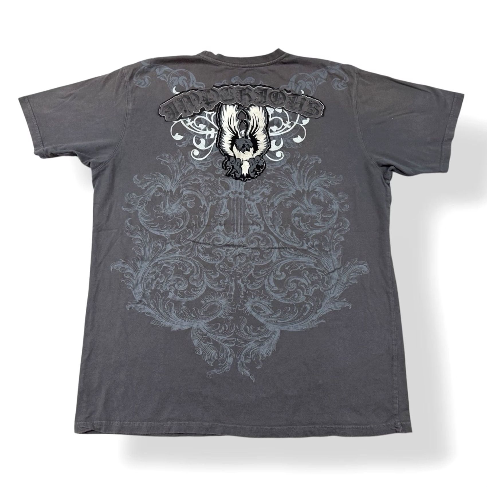 Affliction Imperious Delf Trading T-Shirt Men’s XL Gray Grunge Biker Y2K Double-Sided Graphic Print Logo Crew Neck Short Sleeve Size US XL / EU 56 / 4 - 2 Thumbnail