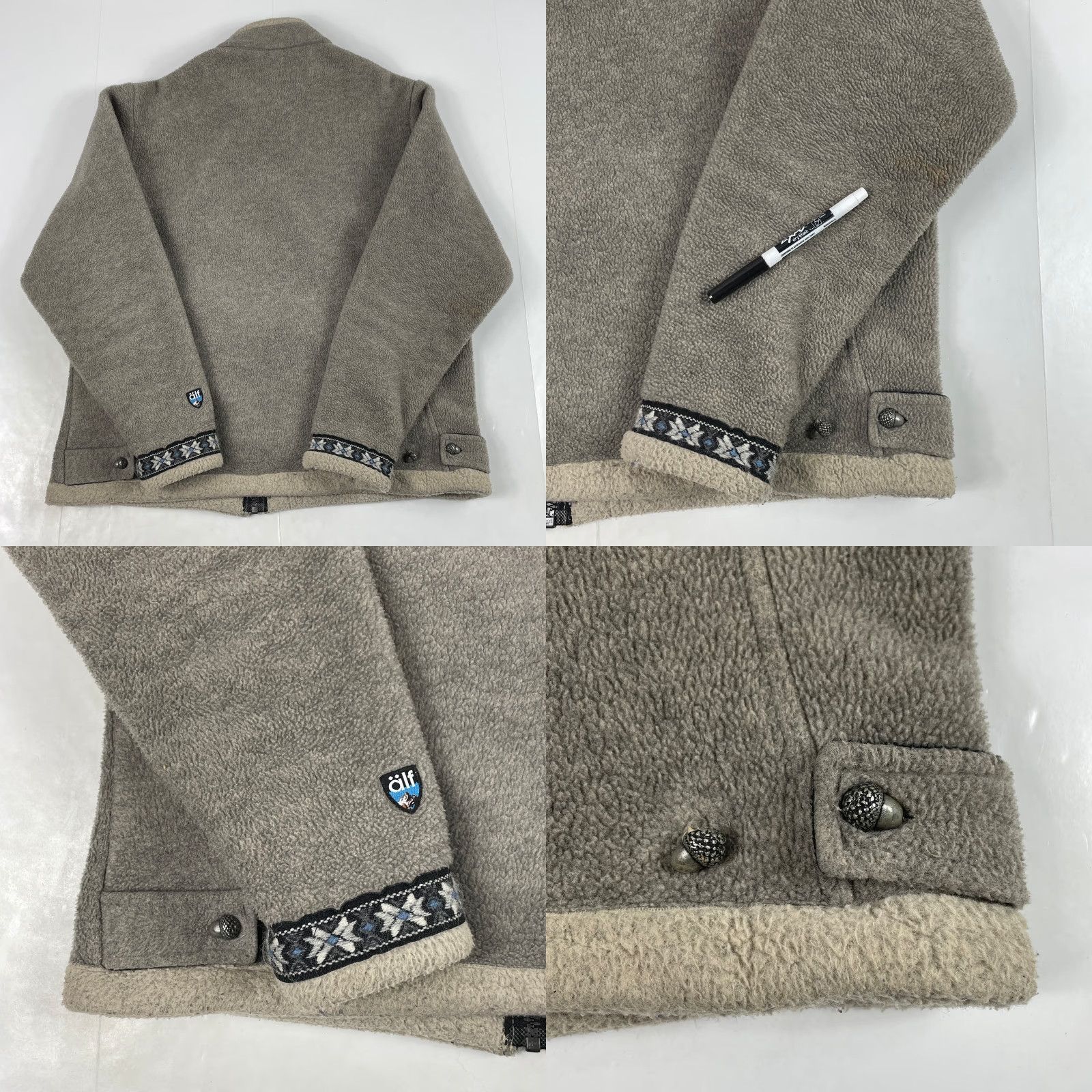 VINTAGE Alf Kuhl Jacket Womens Medium Beige Fleece Hiking Ski Snowflake Acorns Logo Zip Front