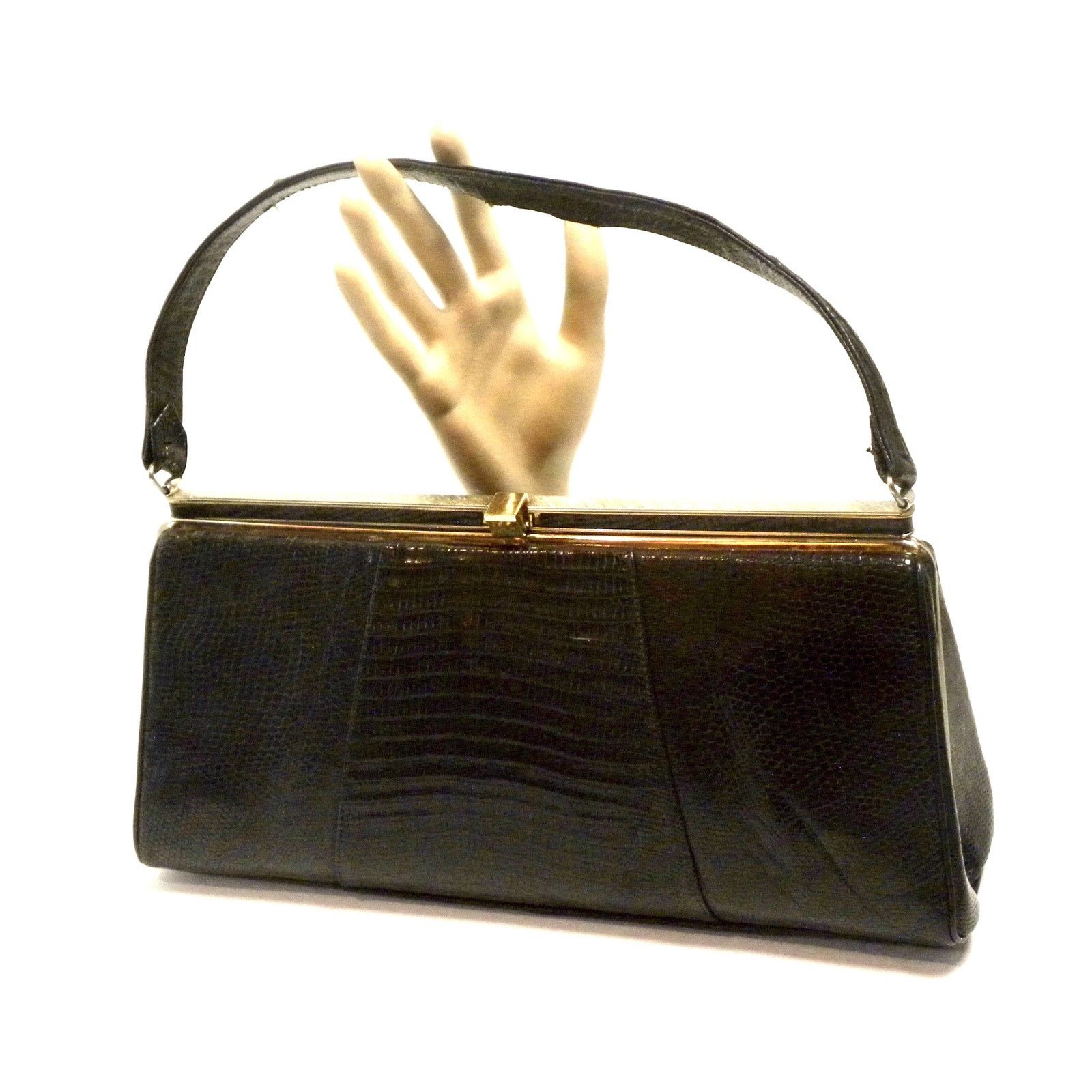 Vintage 60S Mod Black Lizard Skin Kelly Style Top Handle Bag, Women's