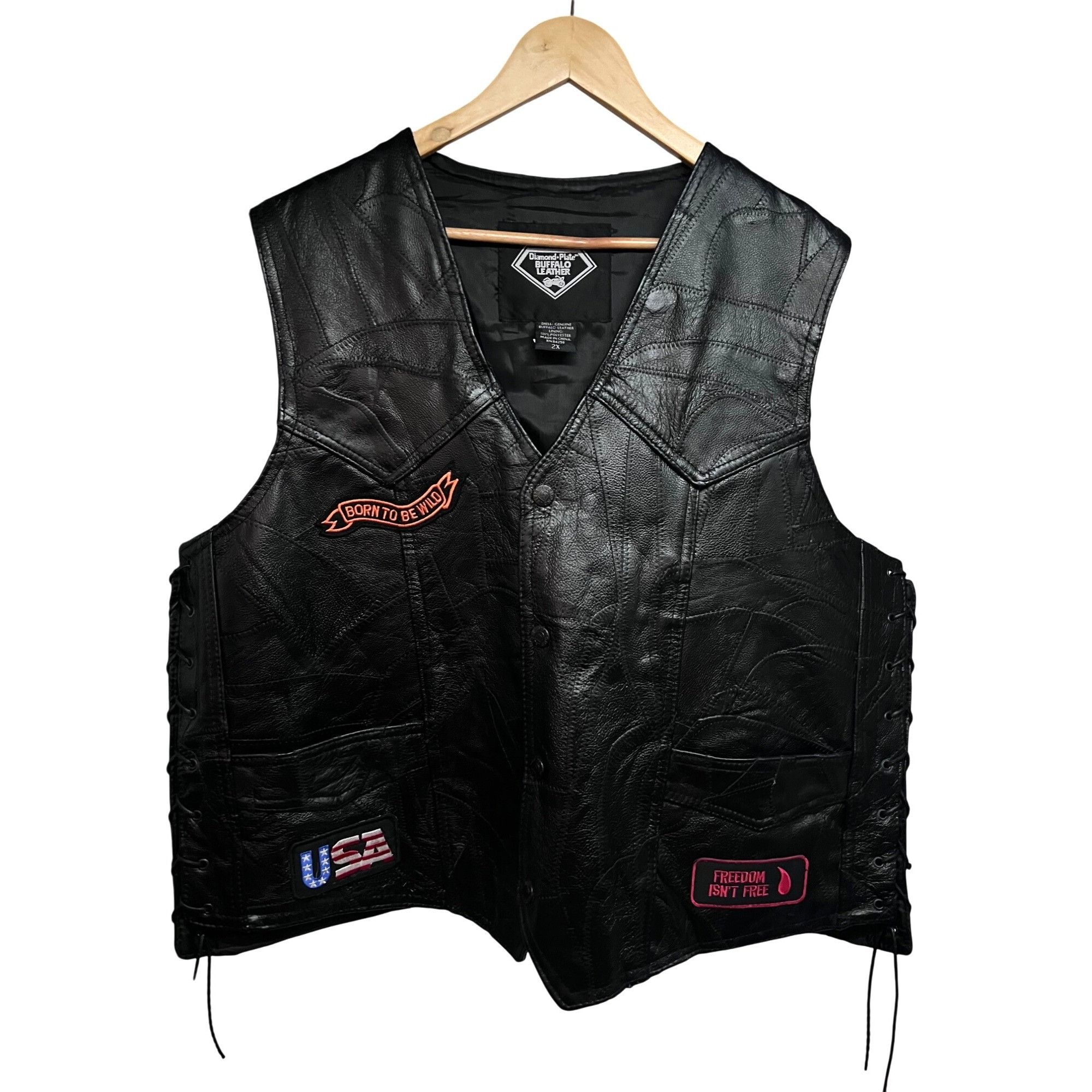 Diamond Plate Buffalo Mens Black Leather Snap Up Biker Vest