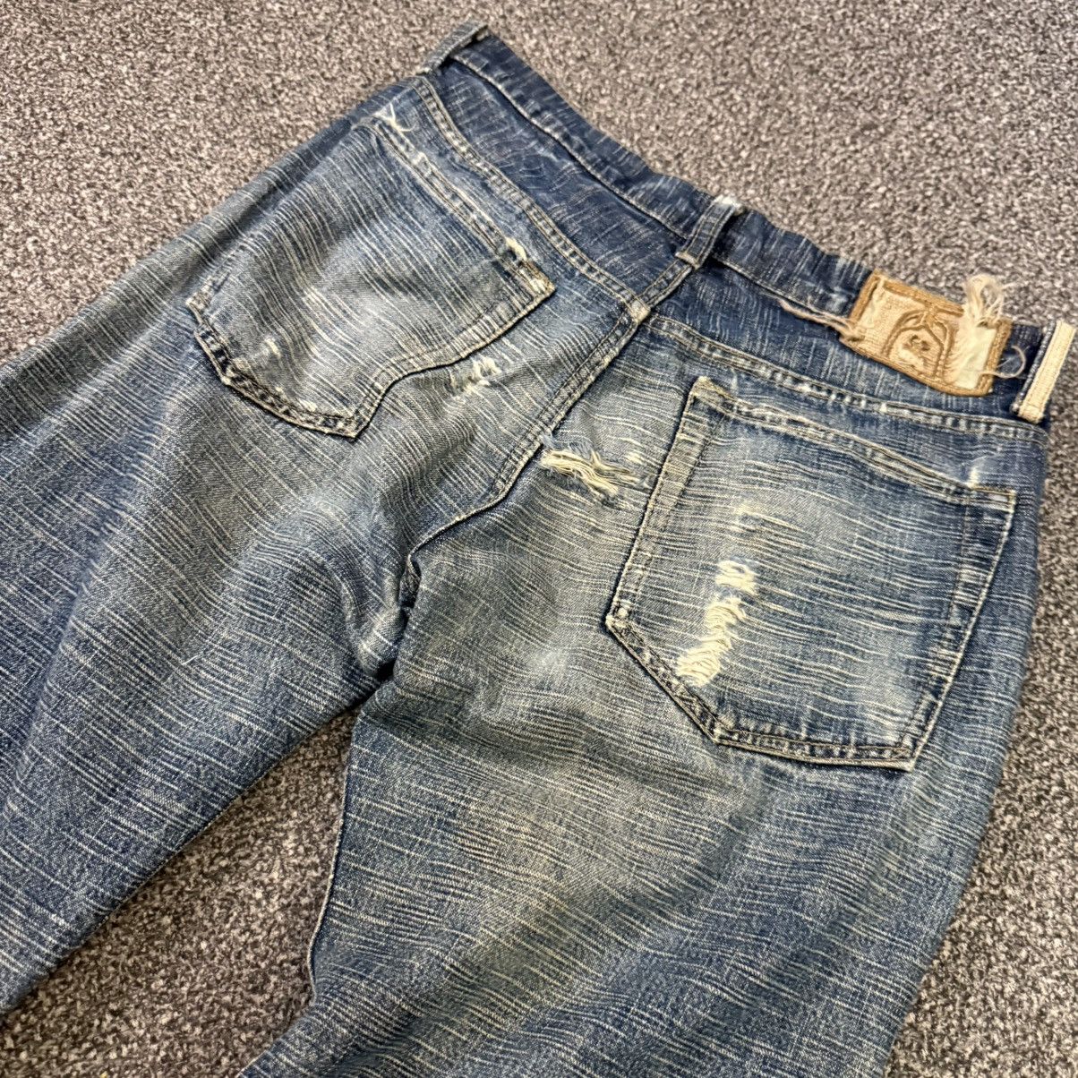 Indigo 🔥🇯🇵 Vintage 90s Crazy Distressed KU Handcraft Raw Denim Size US 31 - 4 Thumbnail