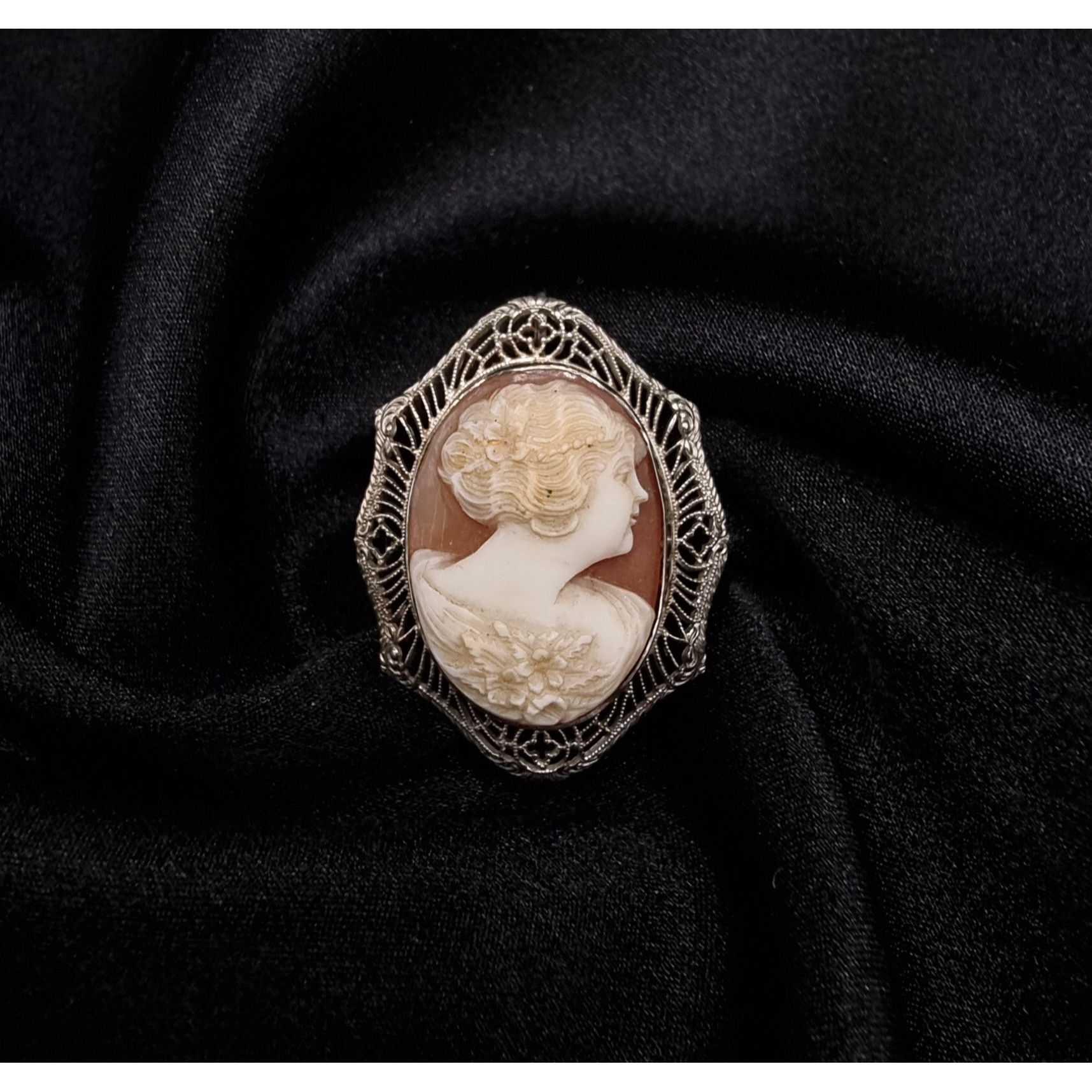 Vintage Antique 1900's-1920's 10K White Gold Real Cameo Brooch & Pen Size ONE SIZE - 1 Thumbnail