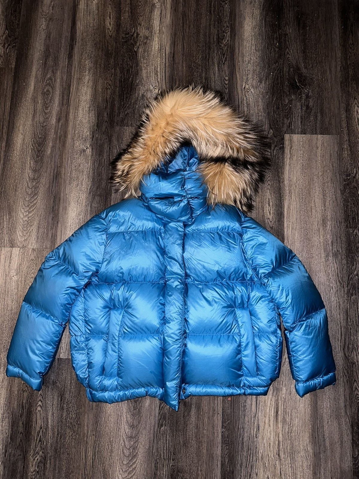 image of Prada Puffer With Fur Lined Hood in Blue, Women's (Size XS)