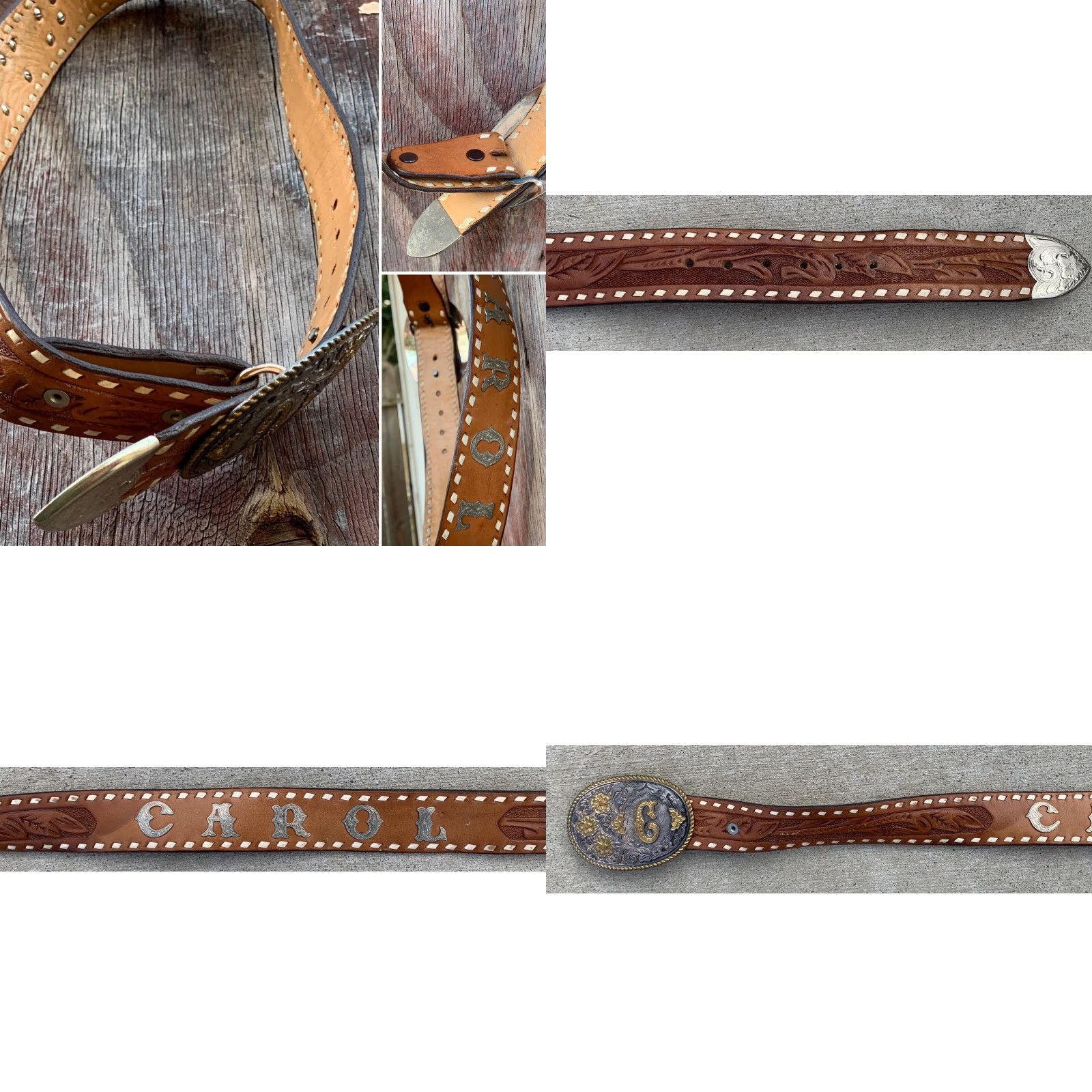 Vintage VINTAGE Tooled Leather Western Belt The Name Carol C Buckle El Arturo Crumrine Belt Size ONE SIZE - 8 Thumbnail