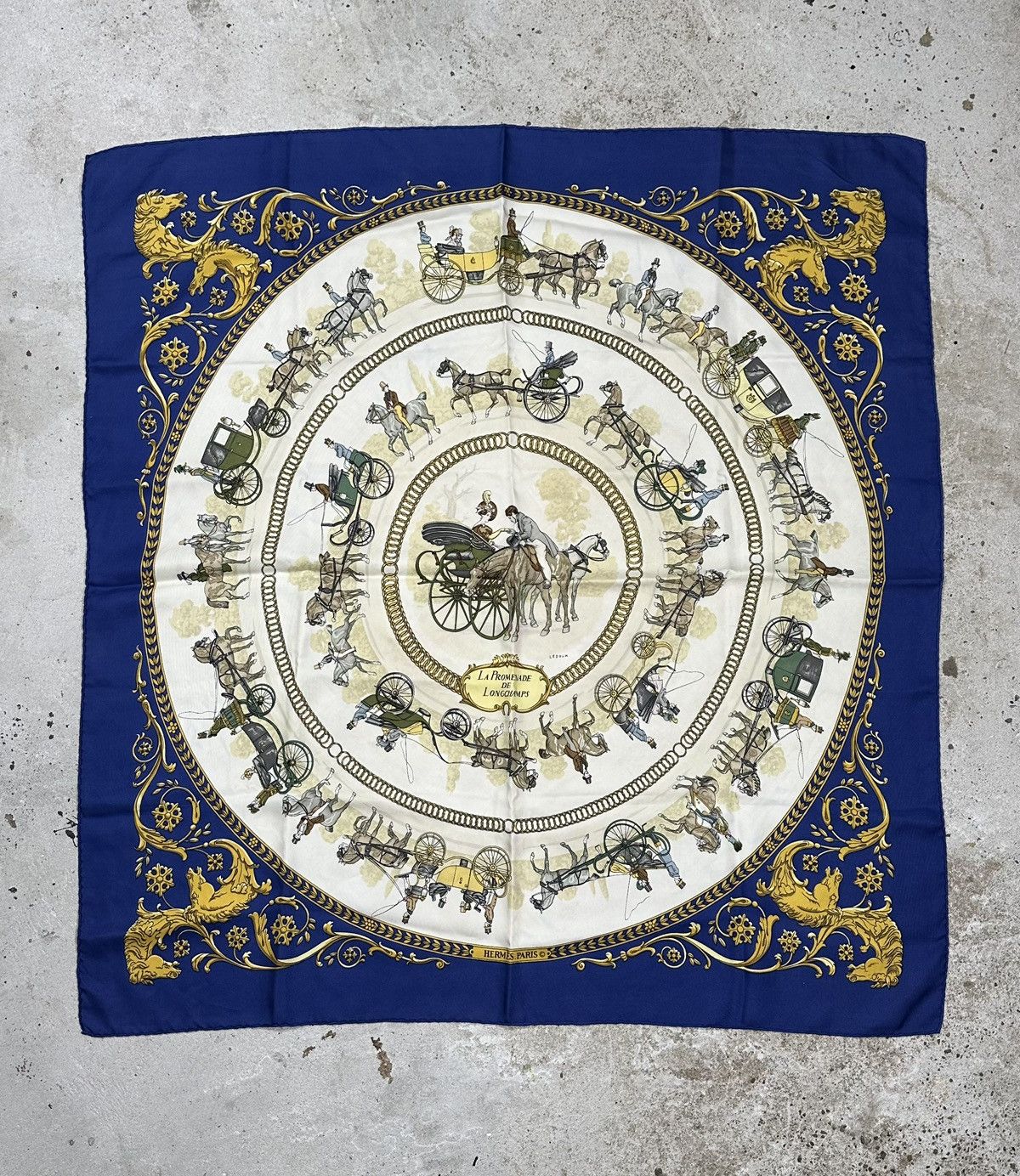 image of Vintage Hermes Ledoux La Promenade De Longchamps Scarf in Blue, Men's