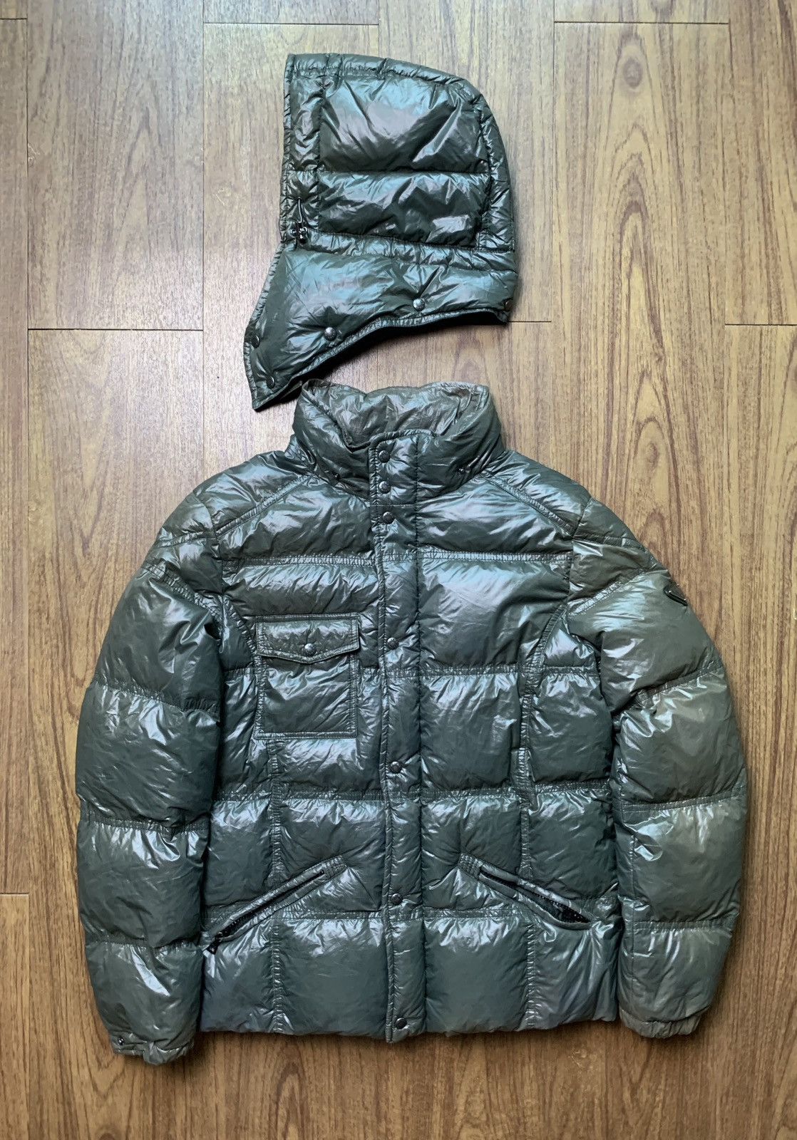 image of Prada Logo Puffer Down Jacket in Olive, Men's (Size Small)