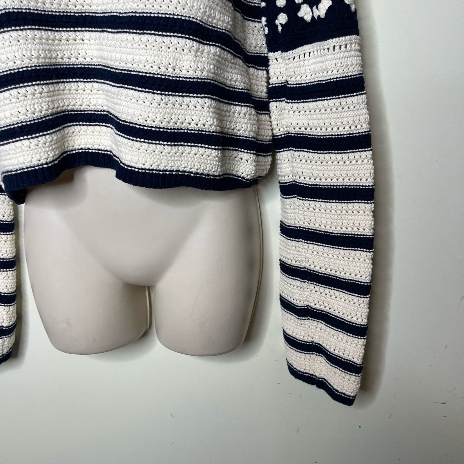 La Ligne La Ligne Striped Pointelle Pullover Knit Sweater Blue/Cream Size S / US 4 / IT 40 - 3 Thumbnail