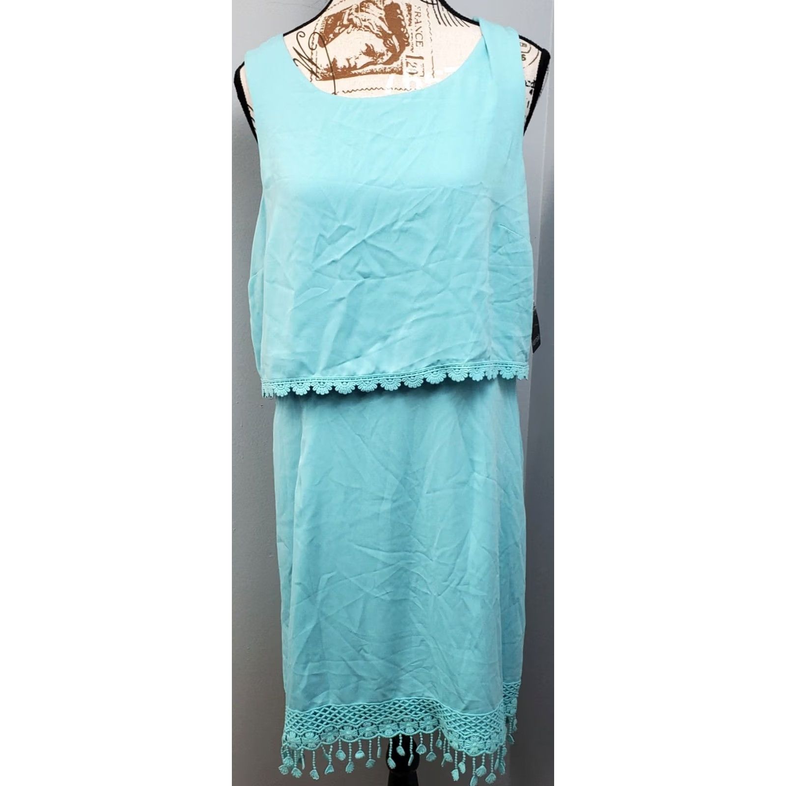 Vintage Kensie Womens Blue Sleeveless Round Neck Fringed Lace Trim Sheath Dress L (Long) - XS? Size L / US 10 / IT 46 - 2 Thumbnail