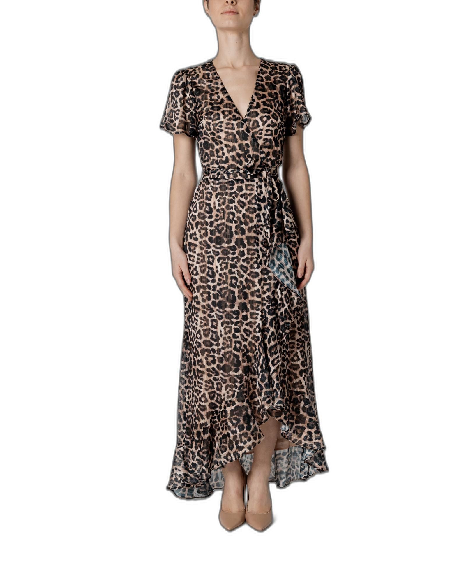 image of Guess Leopard Print V-Neck Short Sleeve Dress in Brown, Women's (Size XS)