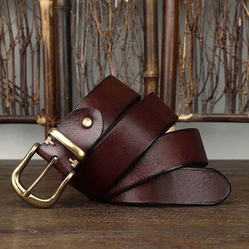 Leather × Vintage Cowhide Genuine Leather High Quality Jean Brass Buckle Belts Size ONE SIZE - 3 Thumbnail