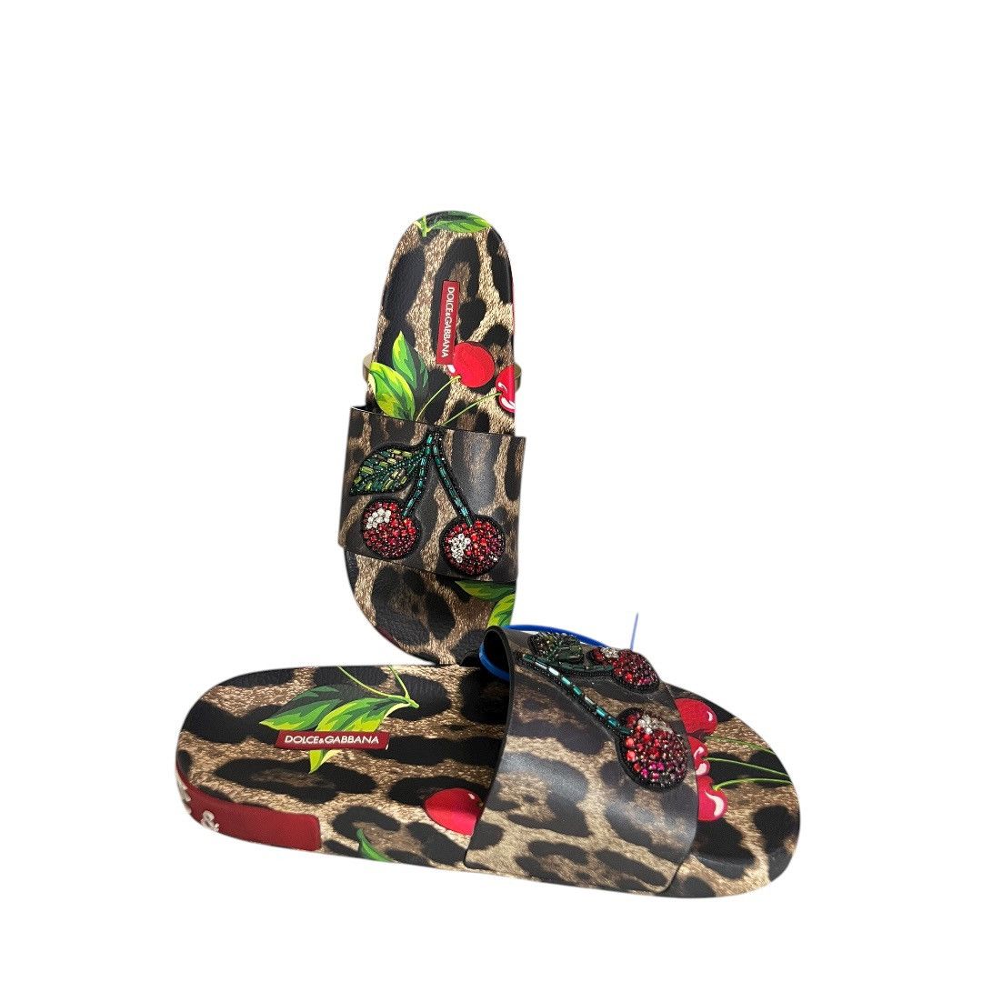Dolce & Gabbana Portofino Cherry & Leopard-Print Embellished Pool Slide Size US 10.5 / IT 40.5 - 6 Thumbnail