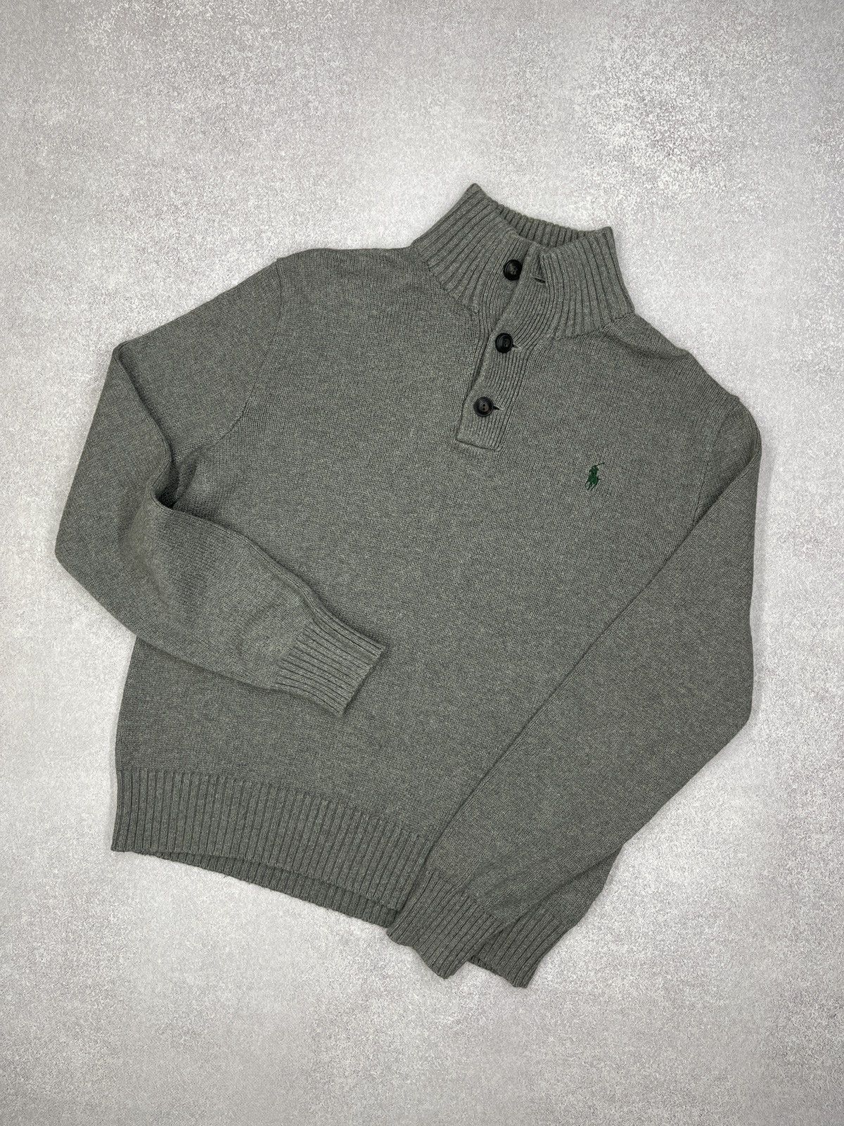 Mens Polo Ralph Lauren Knitted Sweater Button Grey Y2K Rugby