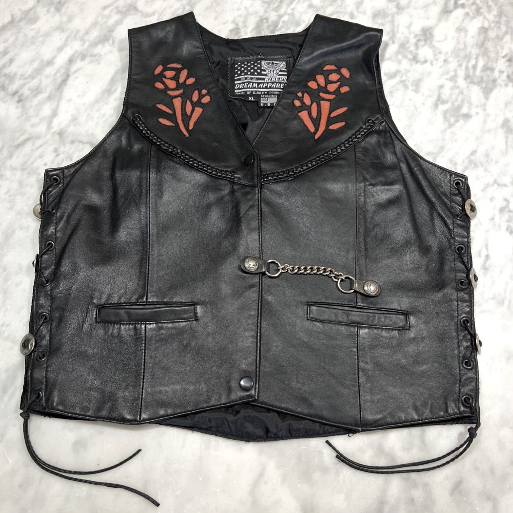 Vintage Bikers Dream Apparel Vest Womens XL Black Leather Floral Fringe Snap Pockets Harley Key Chain Casual Biker Size XL / US 12-14 / IT 48-50 - 2 Thumbnail
