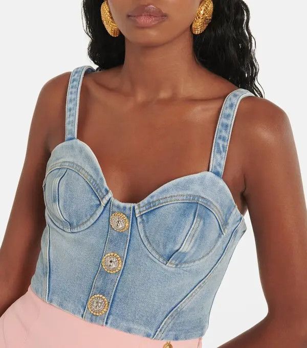 Balmain o1s1wg110725 Cropped Denim Bustier in Blue Size L / US 10 / IT 46 - 4 Thumbnail
