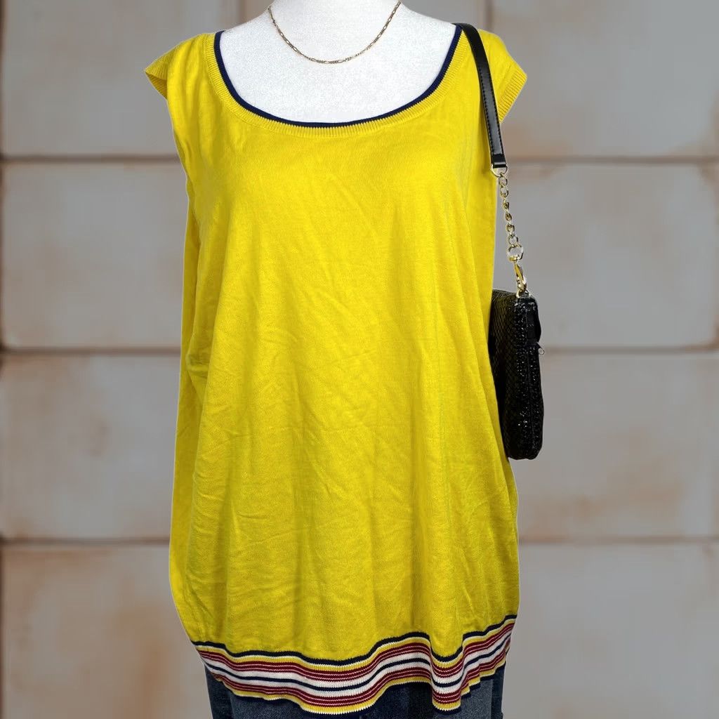 Talbots Talbots Tunic Top Women's Plus 2X Sleeveless Knit Tank Yellow Stripe Trim Round Neck Cap Sleeve Lightweight Breathable Vintage No Size XXL / US 16-18 / IT 52-54 - 1 Thumbnail