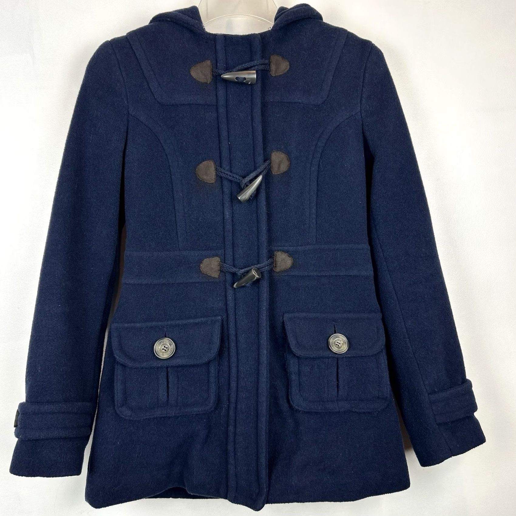 Vintage Aéropostale Peacoat Jacket Womens XS Wool Blend Navy Blue Warm Coat Regular Long Sleeve Button Closure Solid Tweed Wool Lining Size XS / US 0-2 / IT 36-38 - 2 Thumbnail