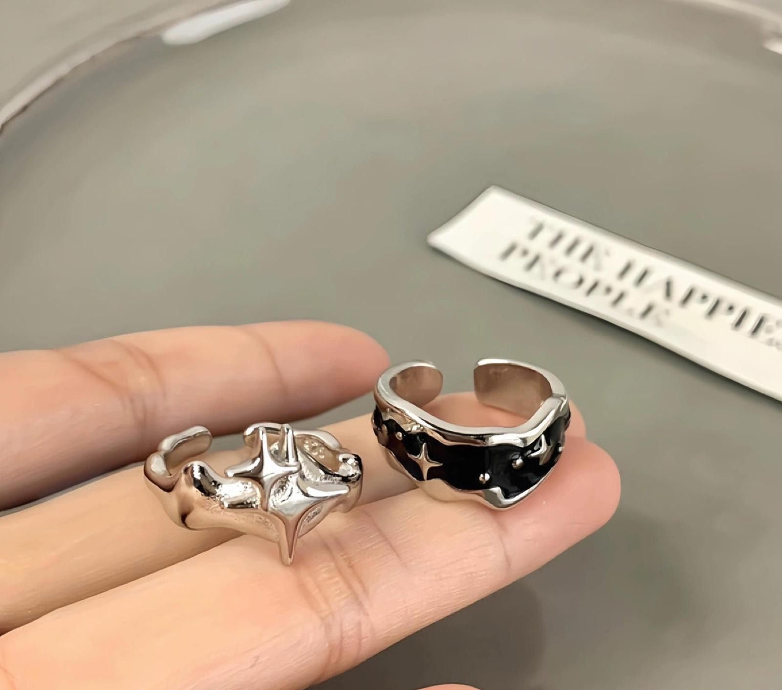 Jewelry Silver Gothic Star and Black Enamel Adjustable Rings Size ONE SIZE - 3 Thumbnail
