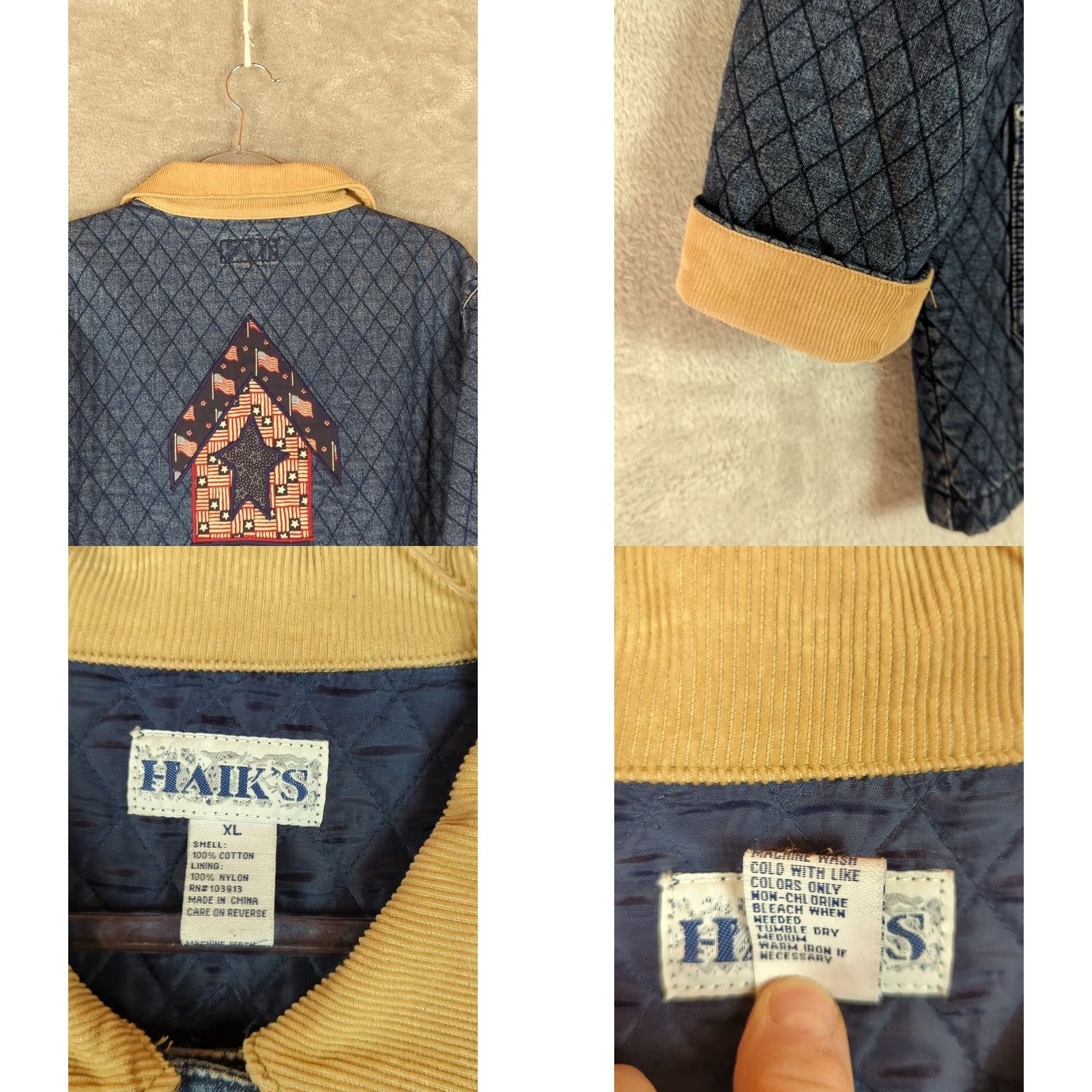 Denime VINTAGE Denim Jacket Womens L Quilted Corduroy Collar Americana Jacket Womens L Quilted Blue Denim Coat Fall Winter Spring - Size L / US 10 / IT 46 - 8 Thumbnail