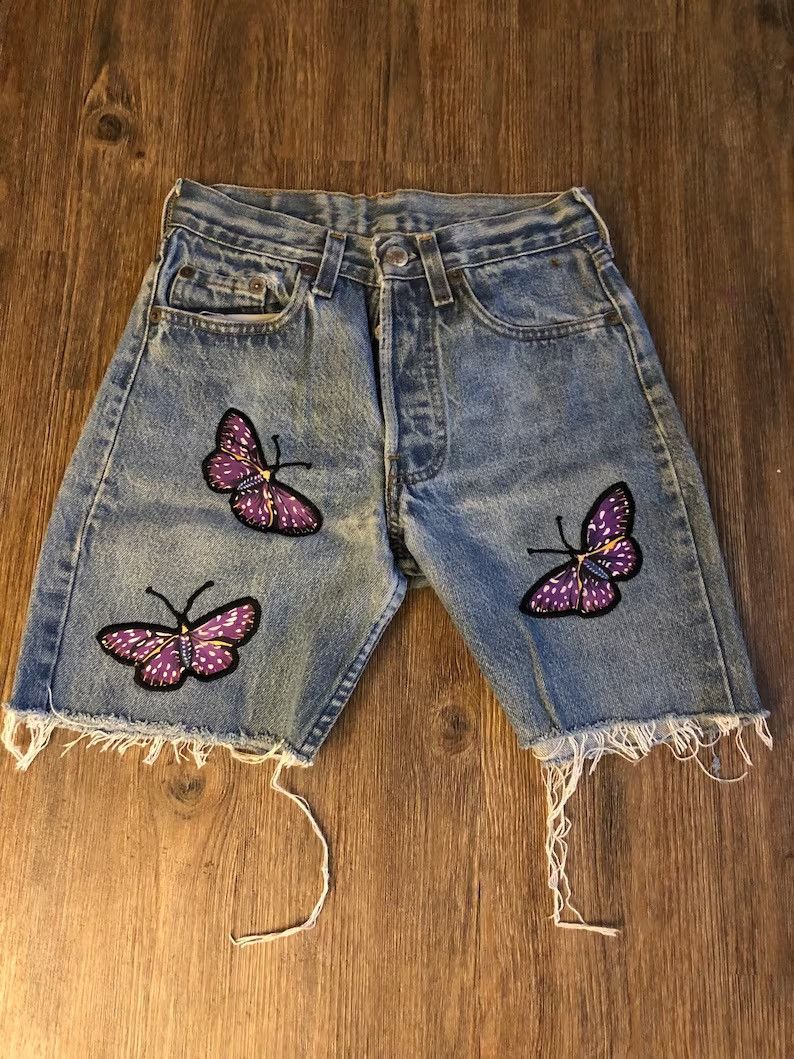 image of Levis x Levis Vintage Clothing Vintage 501 Levi Purple Butterfly Jean Cutoff Shorts in Denim, Women