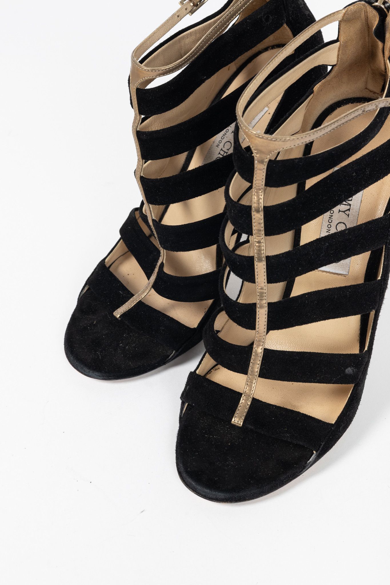 Jimmy Choo Jimmy Choo Fathom Black & Gold Suede Strappy Sandals Size US 7.5 / IT 37.5 - 6 Thumbnail