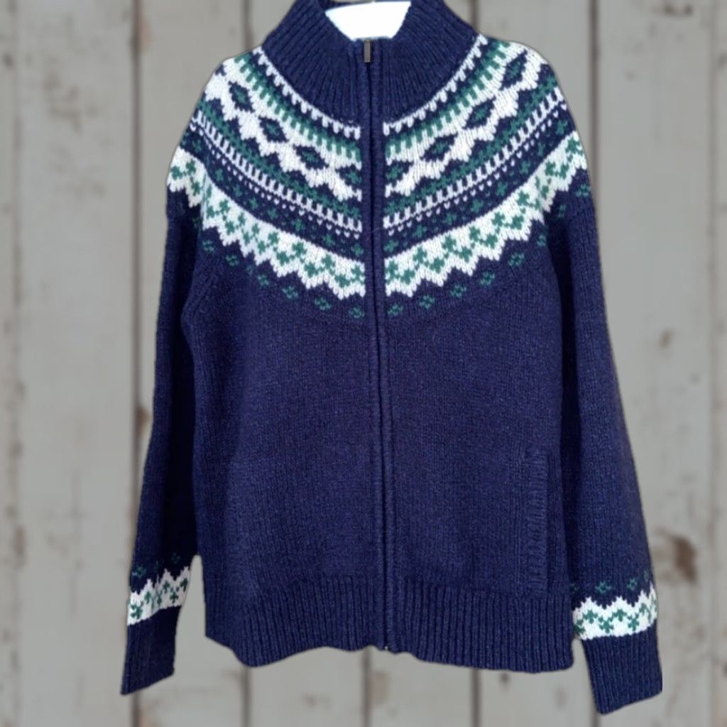 Vintage VINTAGE L.L.Bean Sweater Jacket Zip Arctic BLUE White Green Fair Isle Woman M Size M / US 6-8 / IT 42-44 - 1 Thumbnail