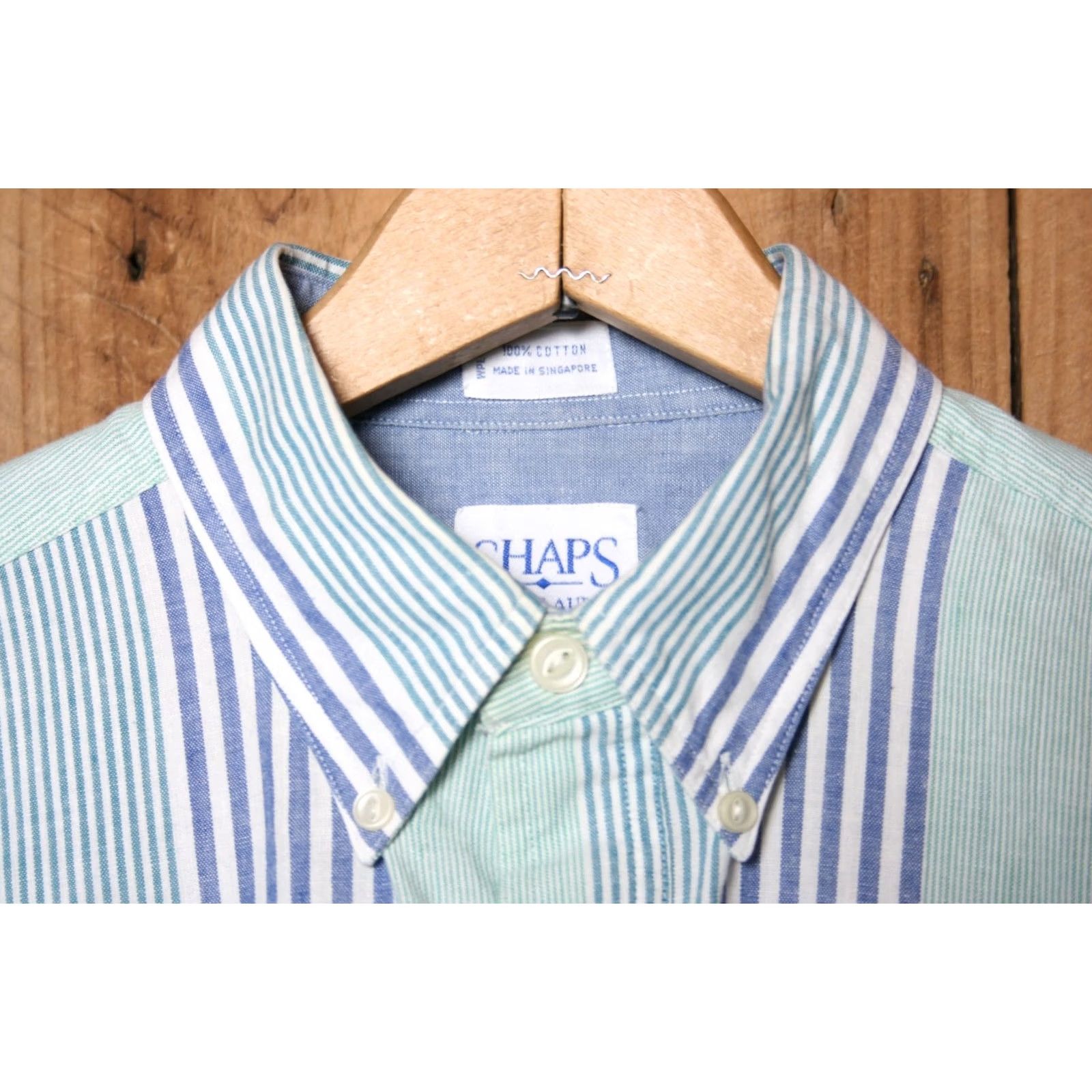 Chaps VINTAGE Chaps RALPH LAUREN Striped Oxford Shirt S/S Button Front MT Blue Green White Cotton Men Button-Up Chest 22.5" 32.5" MT Womens Mens Size US M / EU 48-50 / 2 - 3 Thumbnail