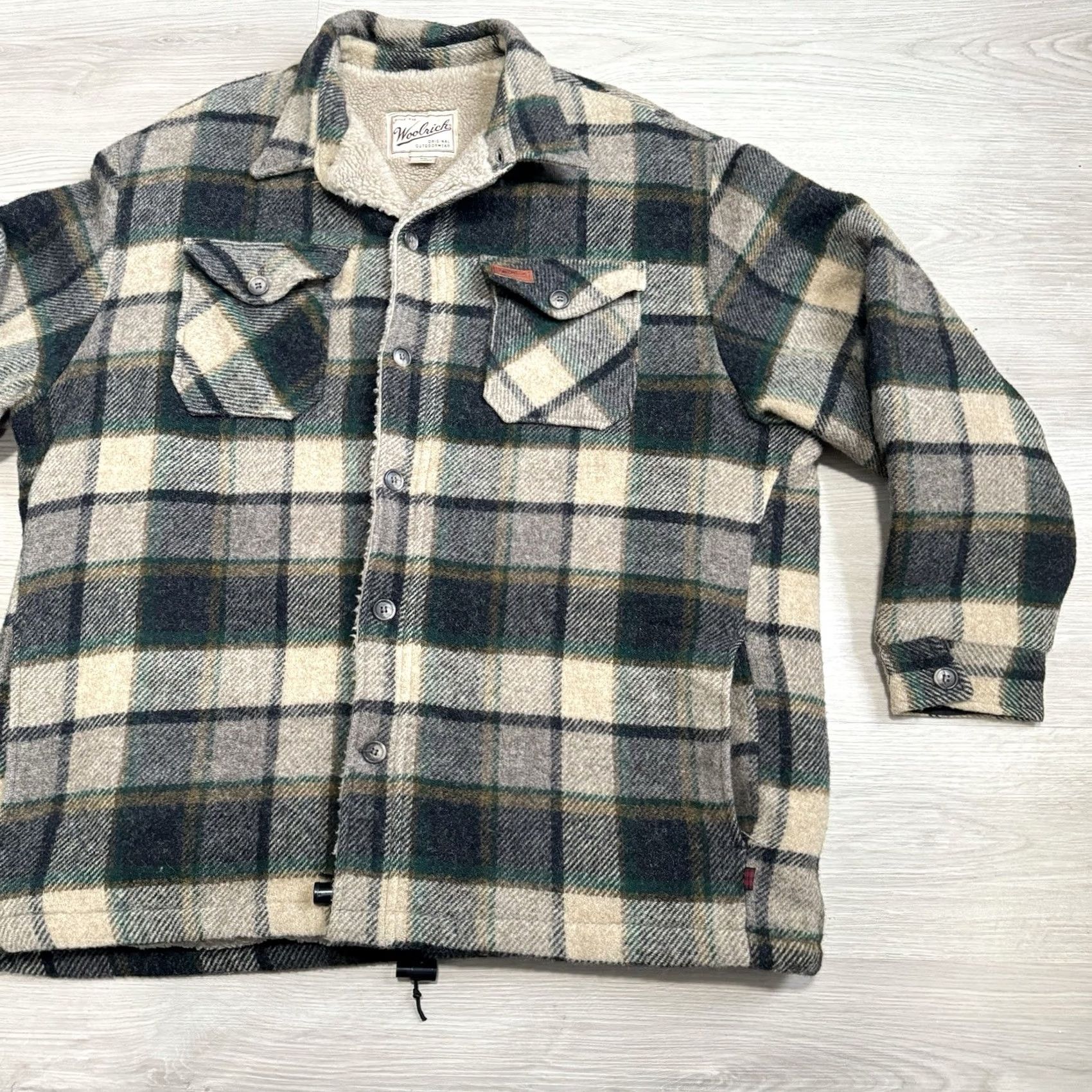 Vintage VINTAGE Woolrich Men's Jacket Shacket Plaid Sherpa L Tan Green Button Up 90s Wool Outer Shell Mid-Length 90s Theme Green Mens Jacket Sherpa Lined Size US L / EU 52-54 / 3 - 3 Thumbnail