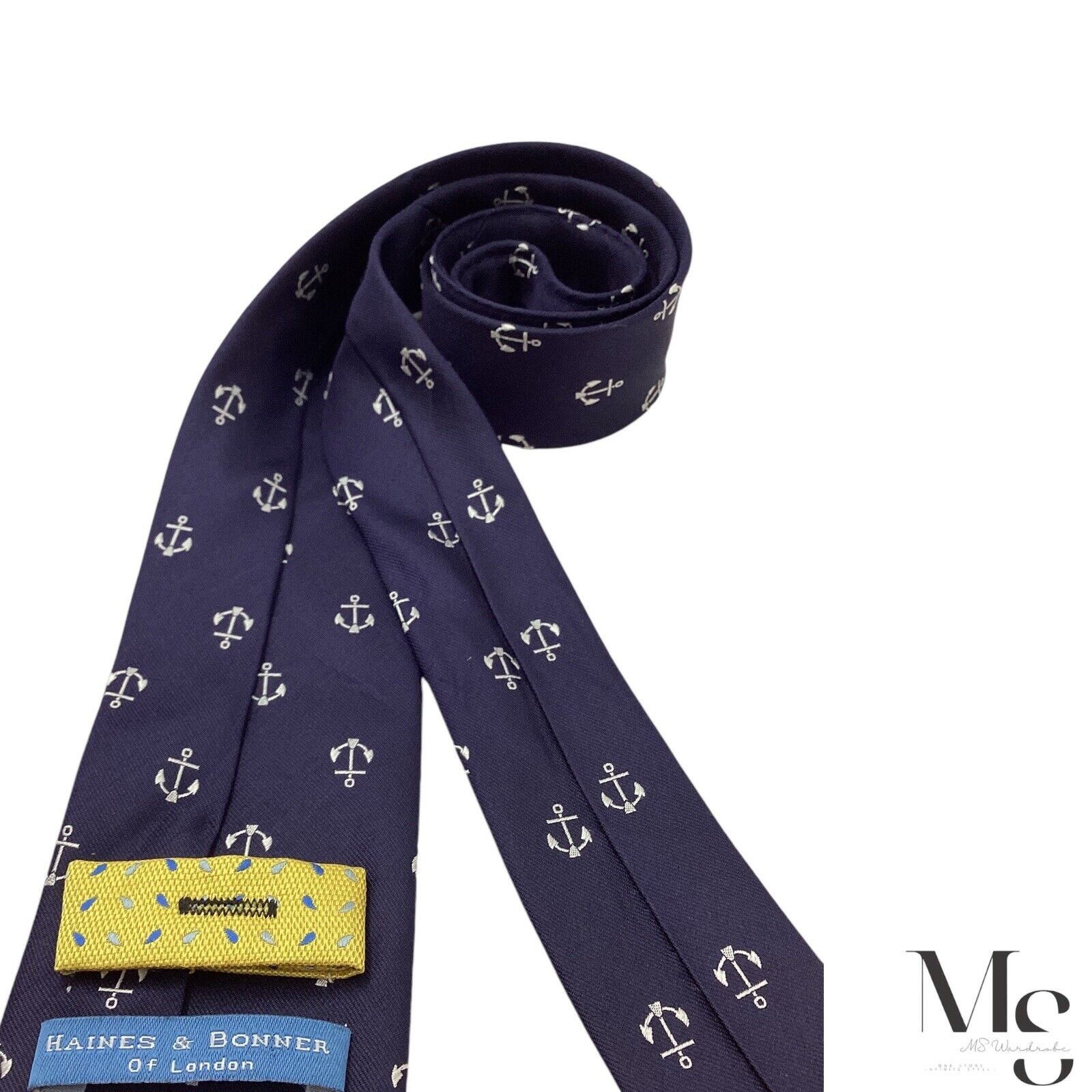 Hanes HAINES & BONNER Blue Anchor Print Silk Tie Hand Made W: 3" E Size ONE SIZE - 4 Thumbnail