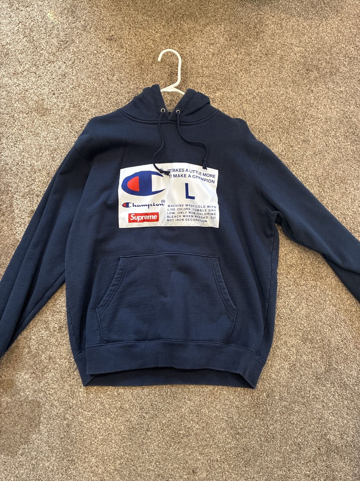 Champion × Supreme Navy blue supreme champion label hoodie | Grailed