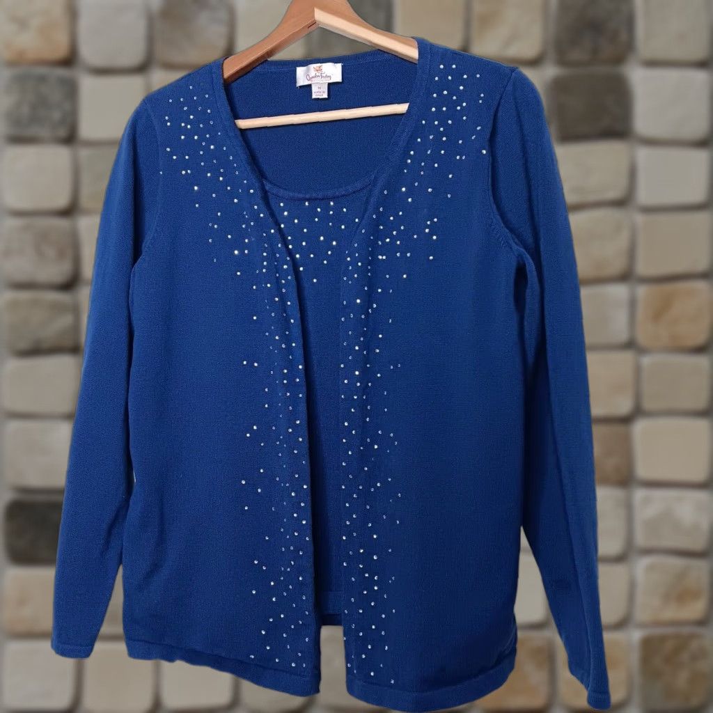 Quacker Factory Quacker Factory Cardigan Sweater Women M Blue Knit Rhinestone Bling Casual Party/Cocktail Pullover Open Front Size M / US 6-8 / IT 42-44 - 1 Thumbnail