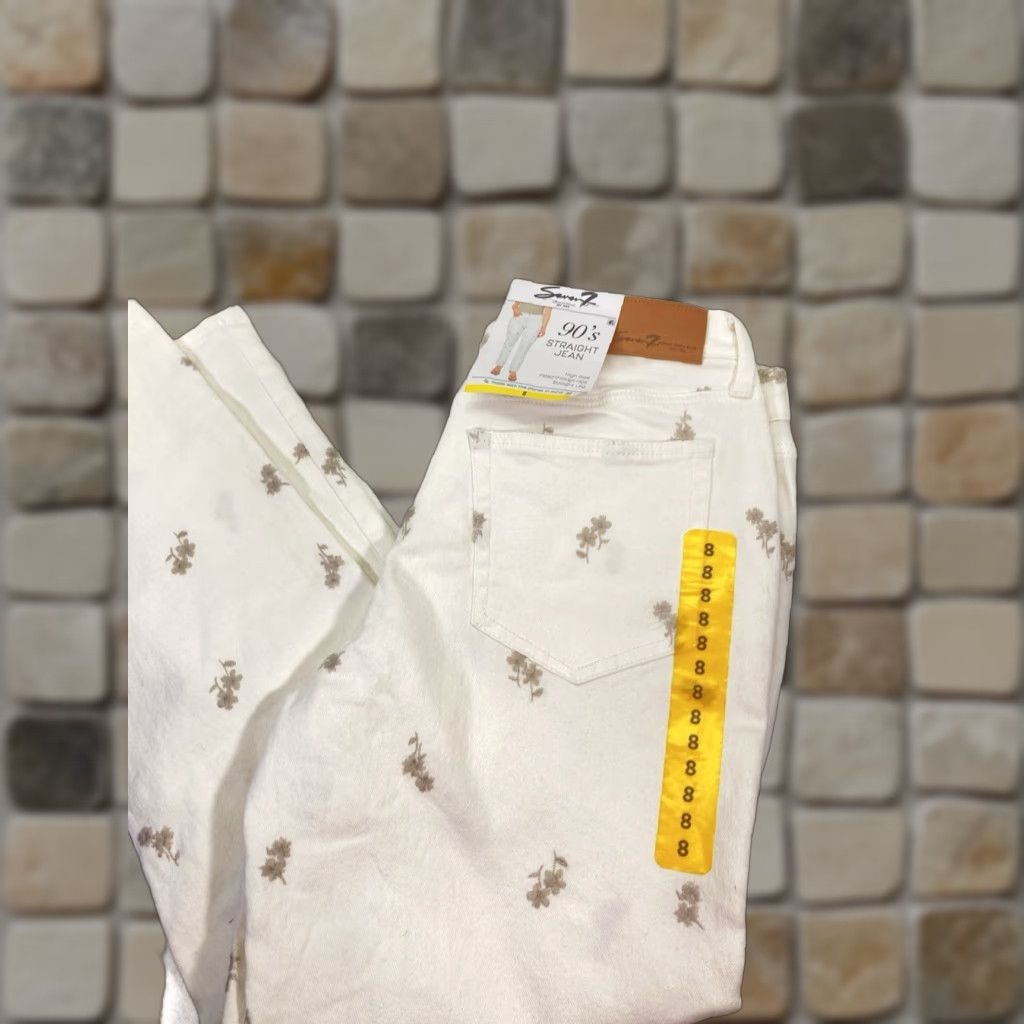 Vintage Seven7 90s Straight Jeans Women Size 8 32X30 White Floral High Rise Stretch NWT Size 30" / US 8 / IT 44 - 1 Thumbnail